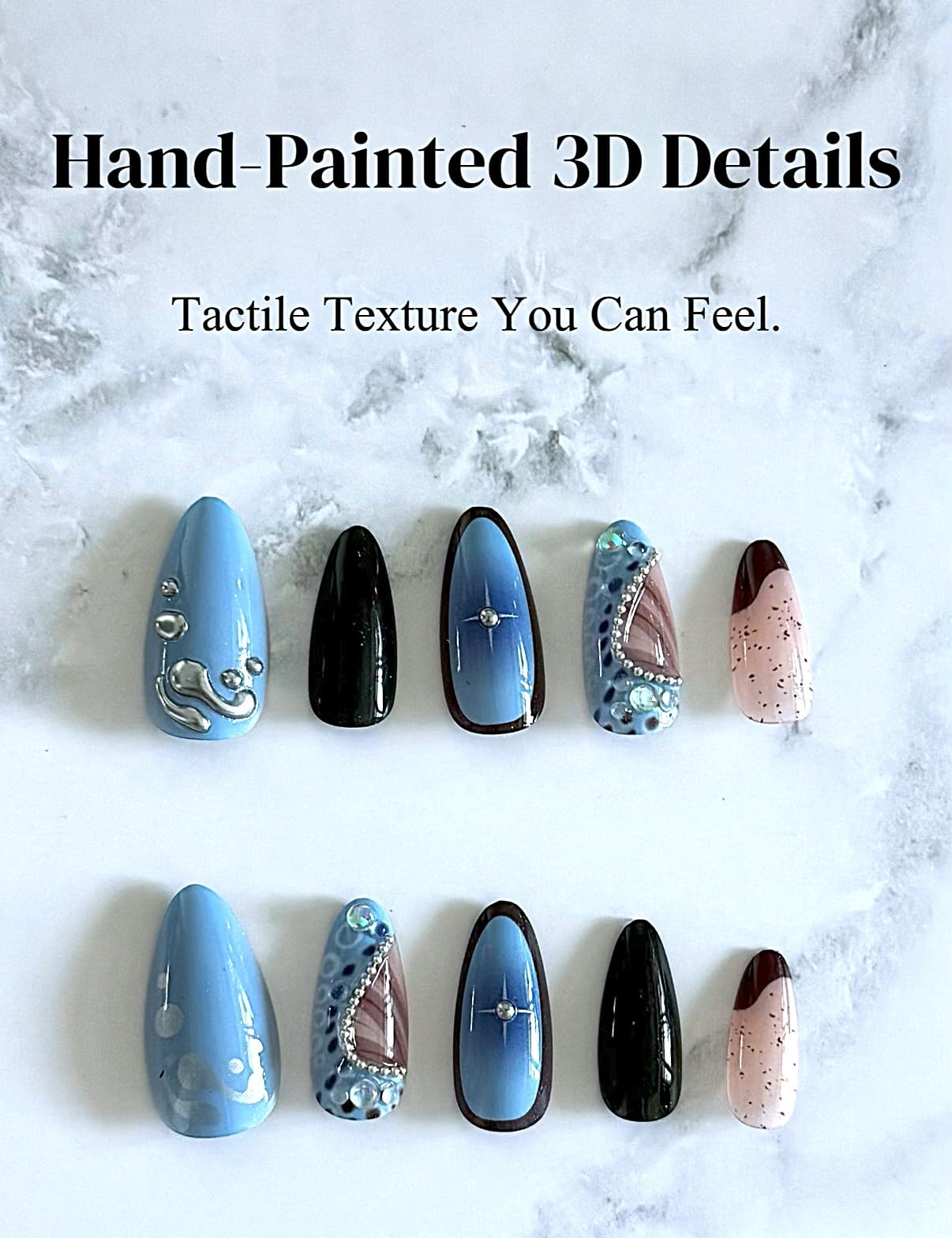 Black & Blue Press On Nails Medium Almond, Mixed Solid Colors with Rhinestone Accents, 24pcs Gel Nail Kit by Nailinism