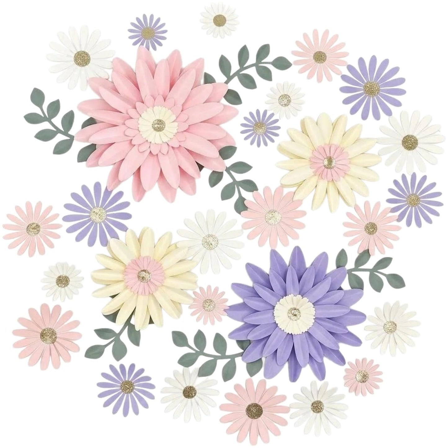 34pcs 3D Paper Flowers Wall Decor Set - Neutral Daisy with Green Leaves, Boho Cream White Peach Backdrop for Nursery, Baby Shower, Home Warming & Classroom Decor (Lilac & Blush)