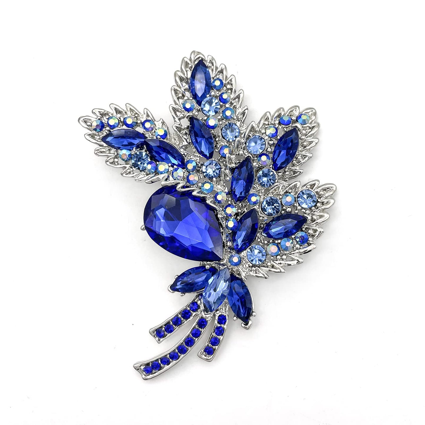 YOQUCOL Blue Austrian Crystal Leaf Shape Bouquet Big Large Brooch Pin Rhinestone Scarf Decoration Wreath Cloth Pin For Women