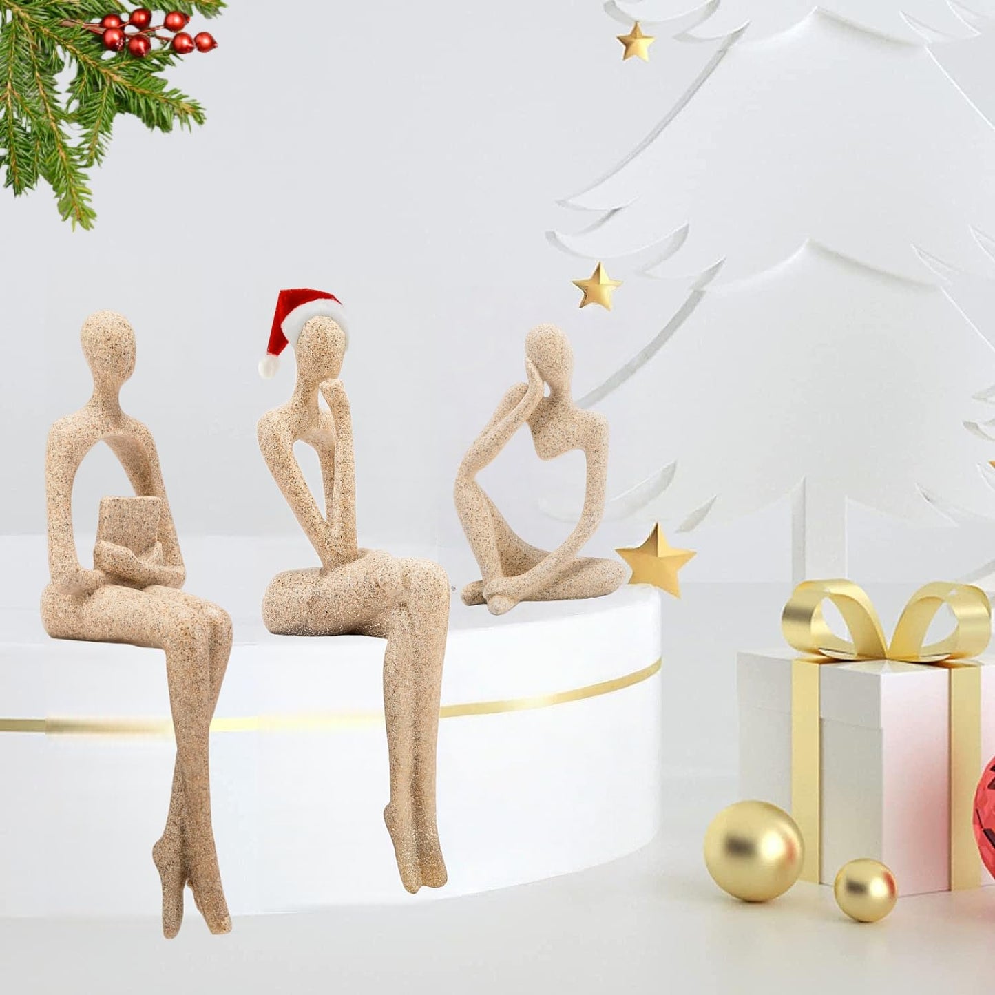 Gold Home Decor Thinker Statue Accents, Set of 3 Thinker Sculptures Office Decor Modern Abstract Resin Decoration on Shelf Table Desk for Living Room Office Bedroom Bookshelf Decor (Large Sandstone)