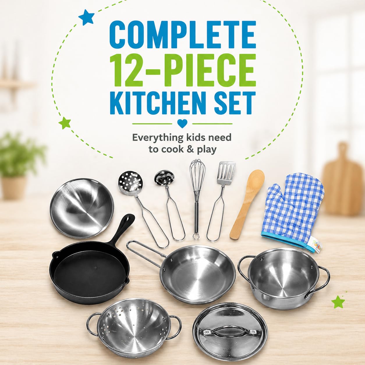 PopOhVer Deluxe Pots & Pans Set - 12 Piece Stainless Steel Play Kitchen Set - Realistic Looking Cookware for Imaginative Role Play - Great for Young Boys and Girls Ages 3+