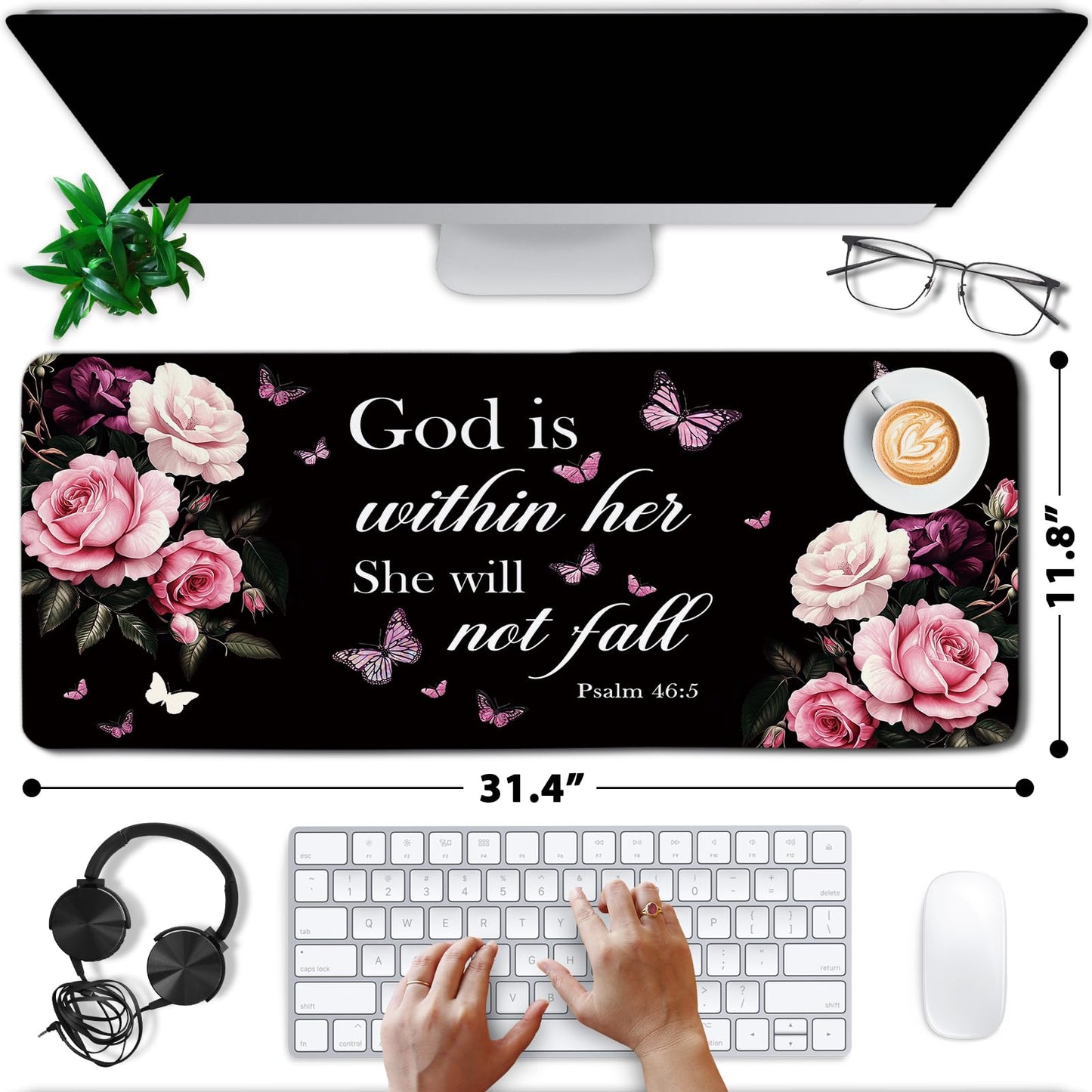 Flower Large Gaming Mouse Pads, Butterfly Flower Computer Keyboard Desk Mousepad with Non-Slip Base and Stitched Edge, Gifts for Boy Men, Large Desk Mat for Topdesk for Keyboard Mouse 11.8”x 31.4”XL