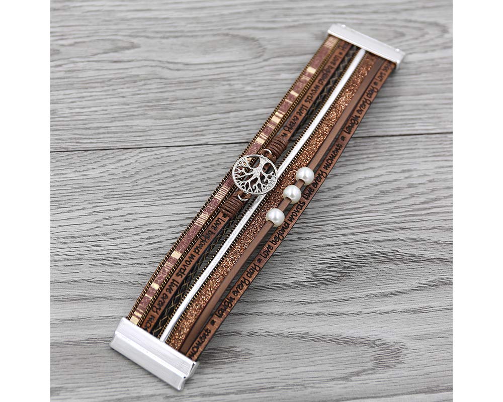 Fesciory Leopard Bracelet for Women, Boho Leather Wrap Multi-Layer Pearl Crystal Bracelet Bangle Jewelry(Tree of Life(Brown))
