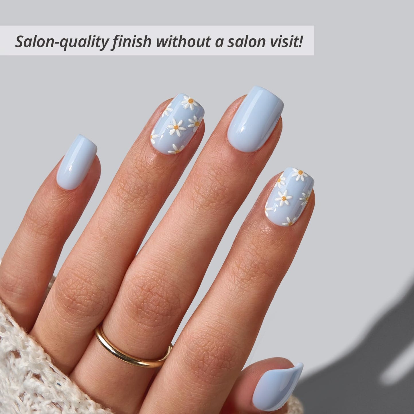 BTArtbox Press On Nails Short - Porch Sky, Easy-to-Apply 3D Flower Pastel Square Press On Nails with Glue and Adhesive Tabs in 16 Sizes - 32 Nails All-in-One Kit