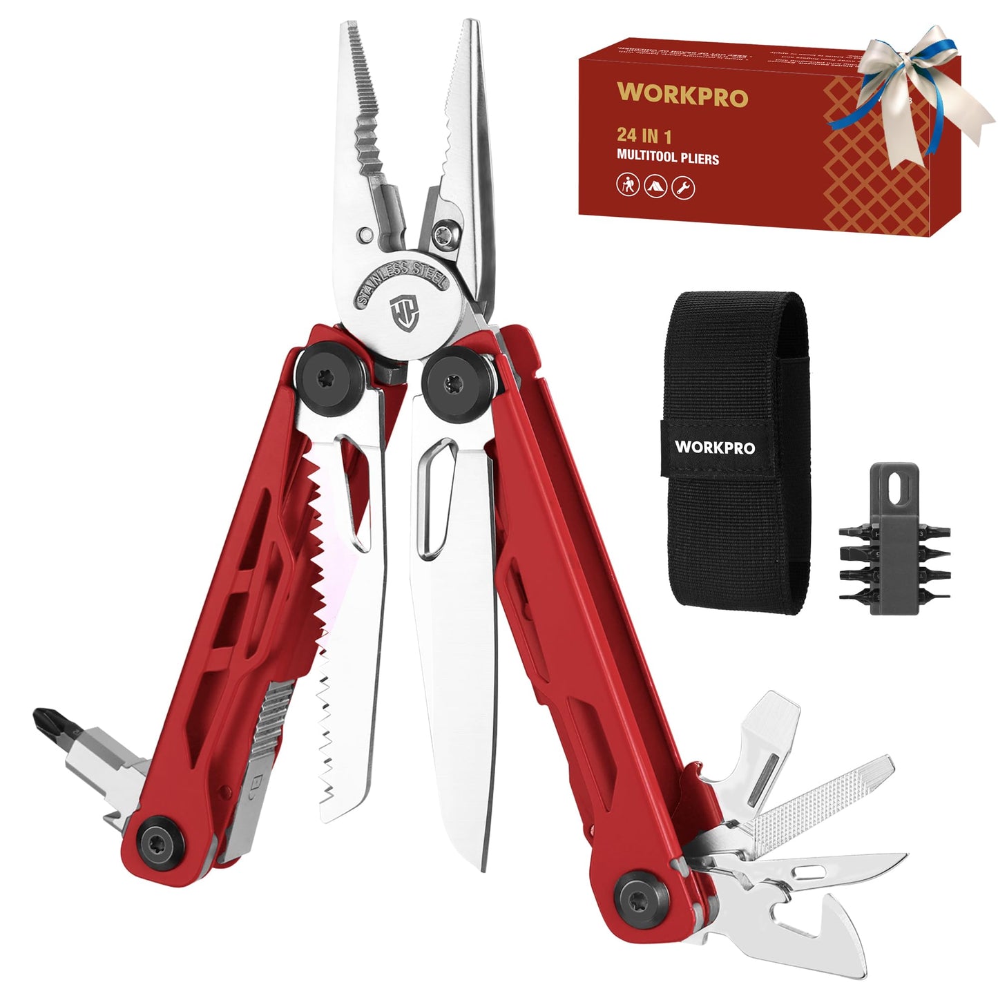 WORKPRO 24-in-1 Mutitool, Stainless Steel Multitool Pliers with Pocket Knife and Screwdrivers, EDC Self-locking Multi Tool with Sheath, Belt Clip for Outdoor Activities, Gifts for Men, Red