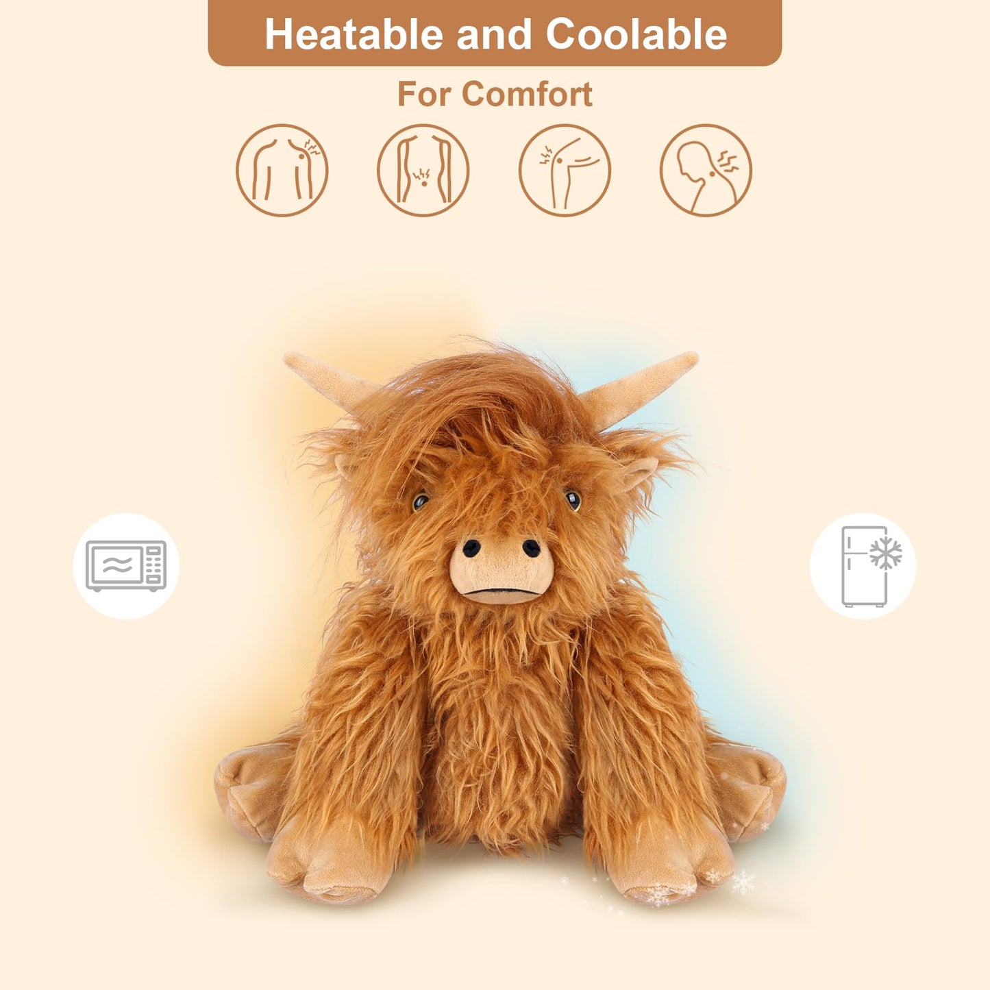 SuzziPals 2Pcs Heatable & Coolable Highland Cow Stuffed Animal Plushie, Microwavable Heating Pad for Soothing & Relaxation, Lavender Scented Cattle Plush Toys for Stress Relief, Stuffed Cow Gifts