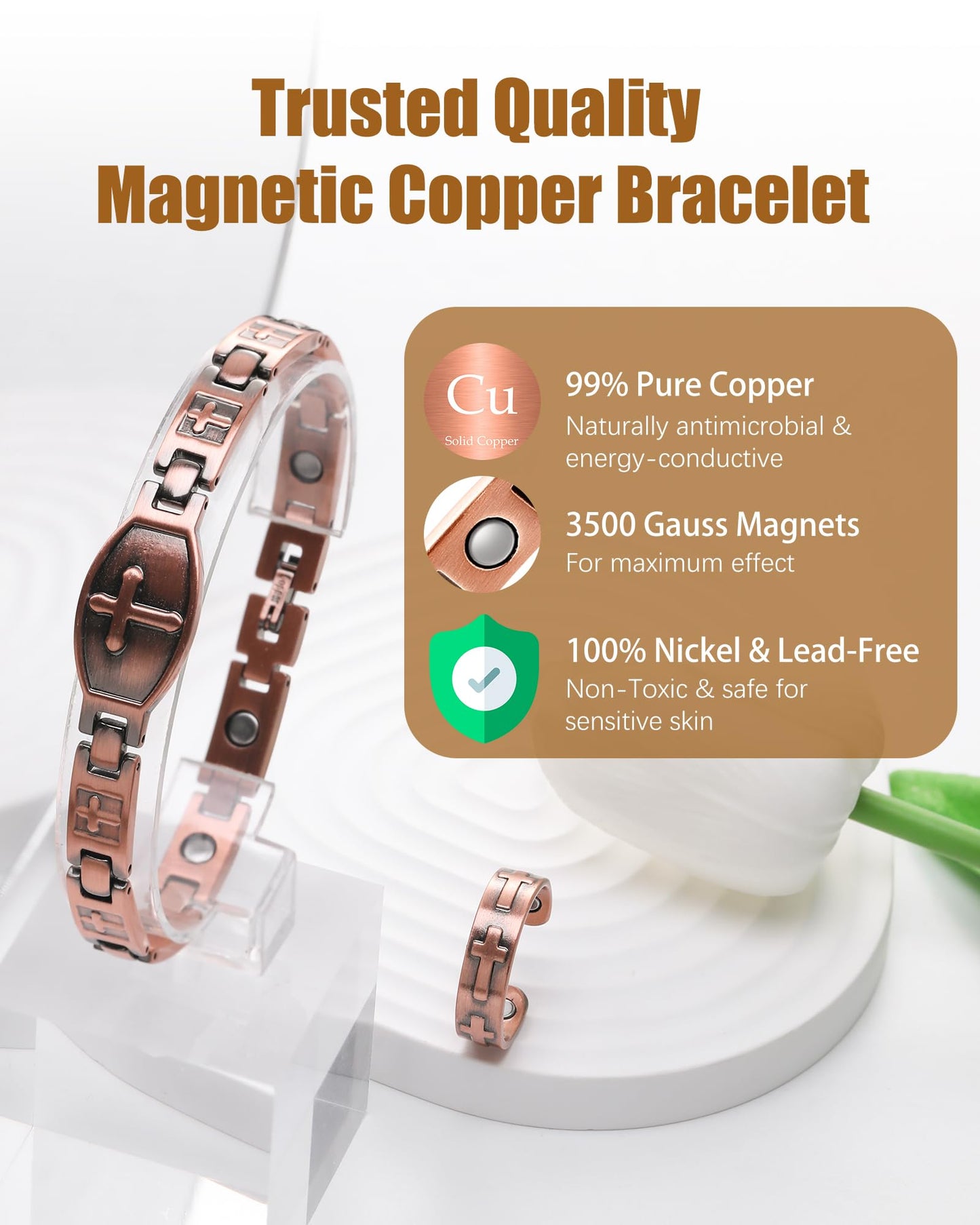 Jeracol Copper Cross Magnetic Bracelet for Women - 99.9% Solid Pure Copper Strong Magnets Jewelry Gift Adjustable Length With Ring