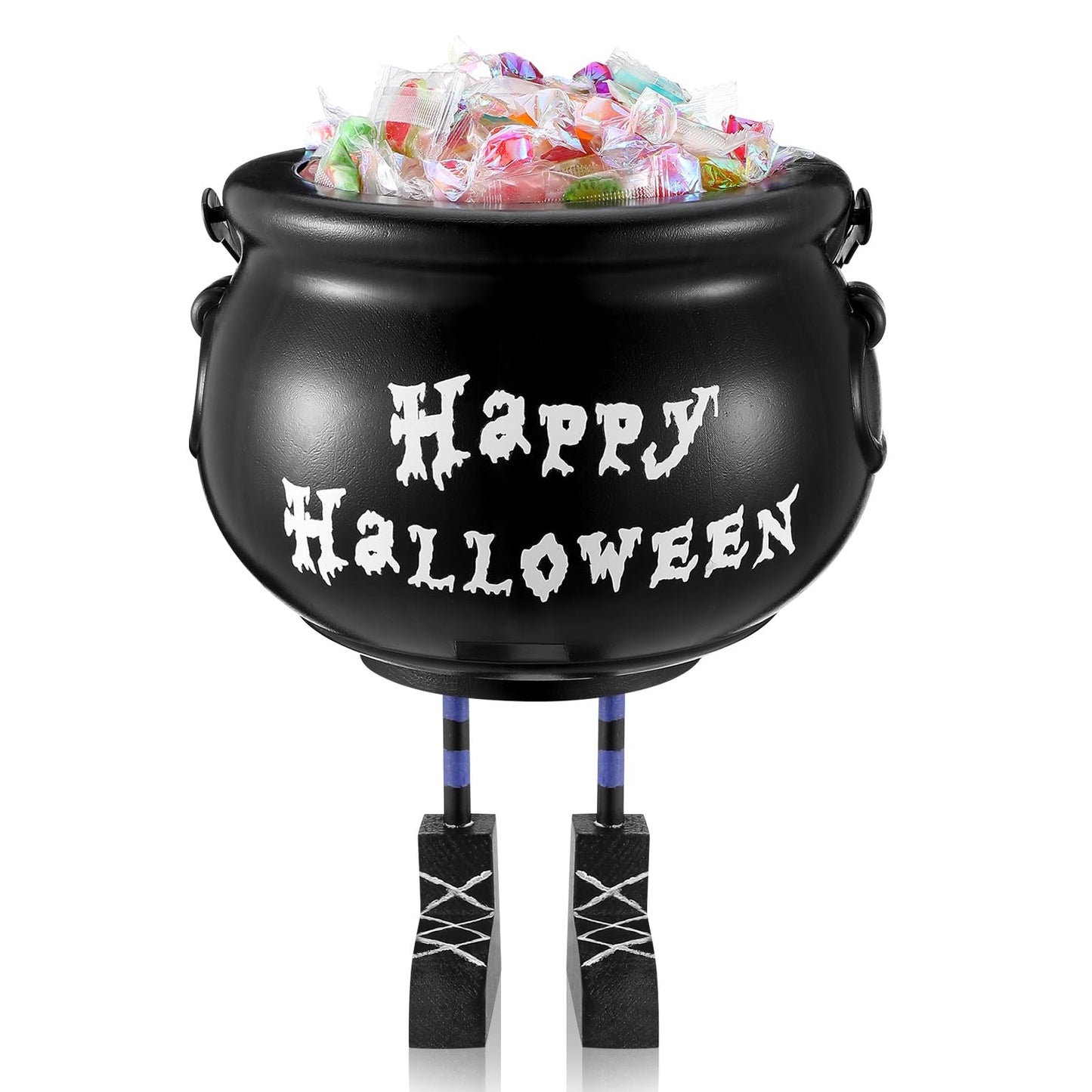 Shappy Halloween Decorations Cauldron Candy Bowl 8 Inch Plastic Black Witches Legs Candy Dish Bucket for Halloween Decor with Stickers Kitchen Trick or Treat Party Supplies Home Indoor Decor
