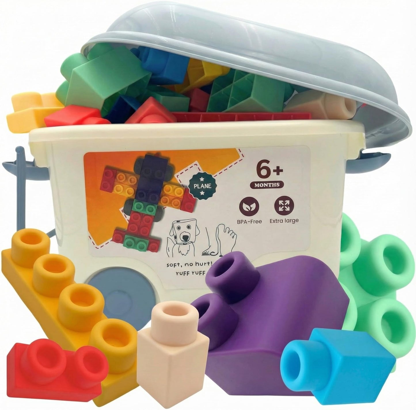 WaBee Baby Soft Rubber Building Blocks - 50 Pieces in Wheeled Bin Ages 12mo+ - Extra Large Chew-Safe Sensory Toys - STEM Learning Set - Not Compatible with Duplo/Mega