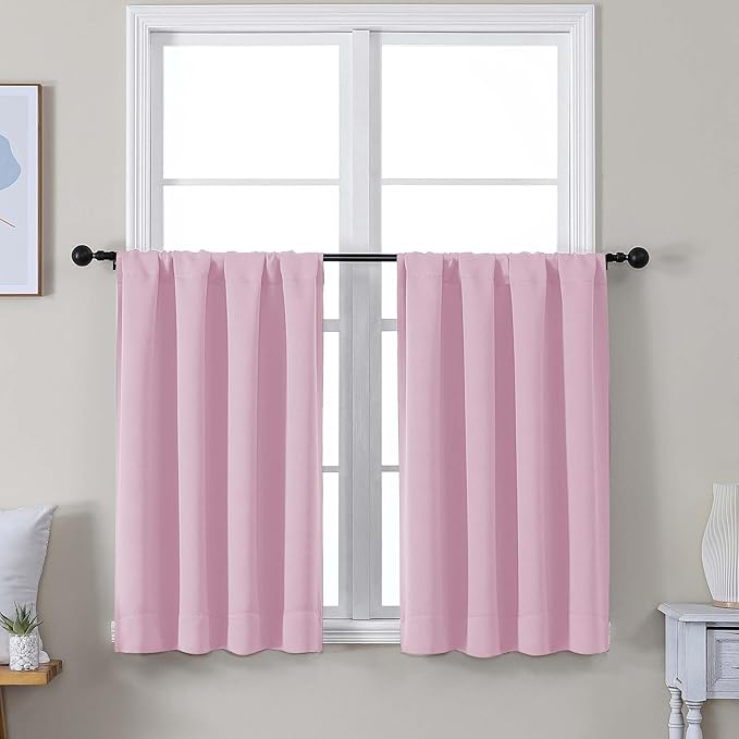 Simplebrand Ava Pink Short 36 Inches Blackout Curtain 2 Panels Set, Half Window Rod Pocket Privacy Curtain Tiers for Kitchen, Curtains Blackout for Bathroom Shades, W40 x L36 Inch, Pink