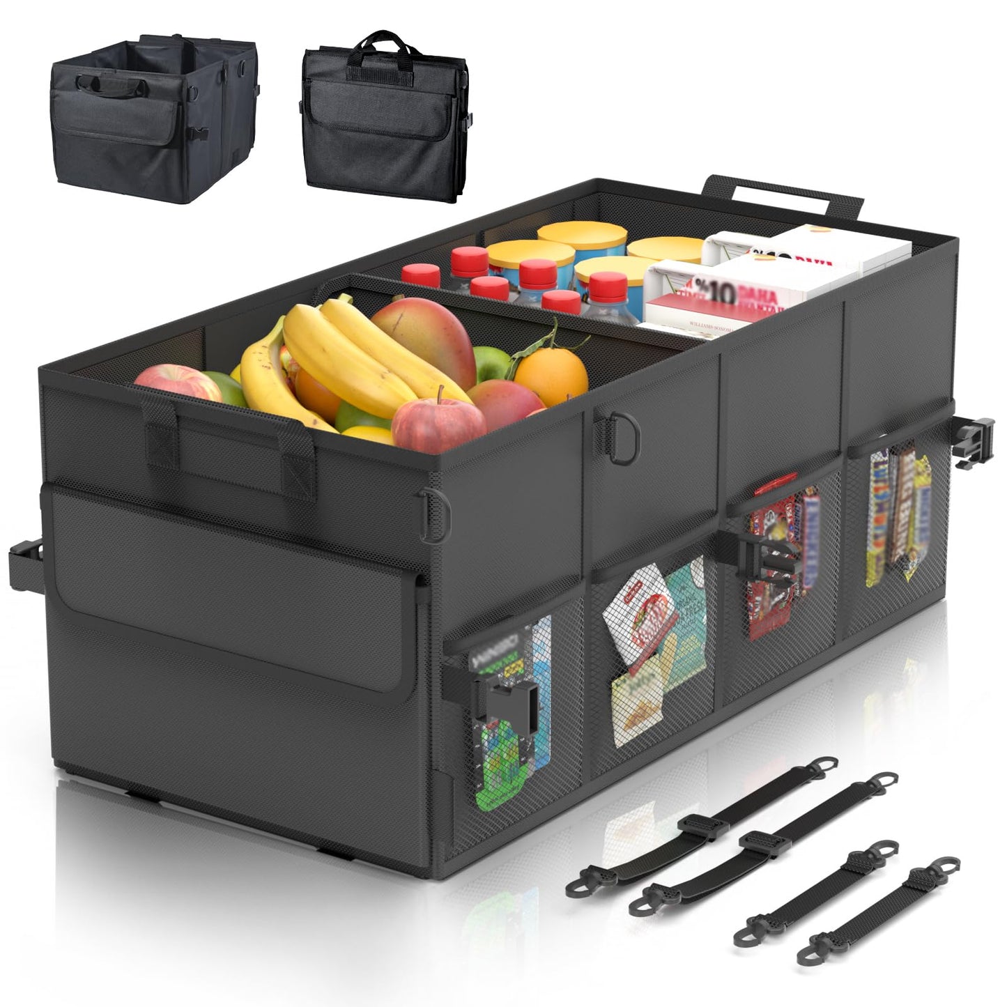 Car Trunk Organizer for SUV 60L Backseat Car Organizer Back Seat Large Storage Trunk Compartment Collapsible Car Caddy Heavy Duty Truck Storage Bin w/6 Pockets Adjustable Straps Cargo Van Jeep Sedan