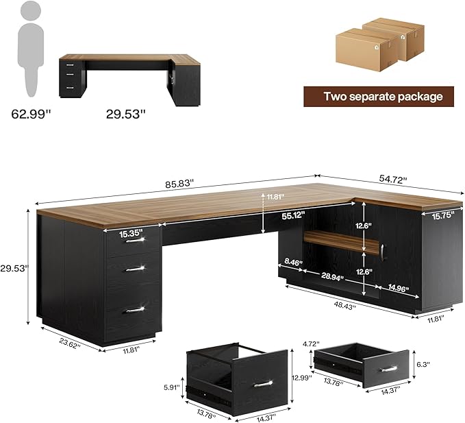 Tribesigns 85.8-Inch L-Shaped Executive Office Desk with File Drawers & Storage Cabinet, Professional Corner Computer Desk Extra Large Business Workstation with Adjustable Shelves (Brown&Black)