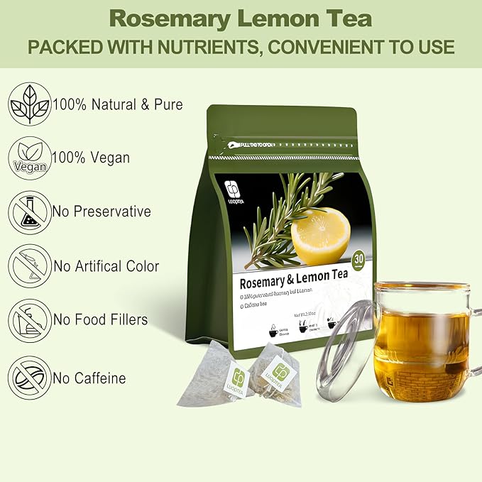 luoptea Rosemary &lemon Tea Bags| 100% Natural,Caffeine-Free，with Sun-Dried Lemon Peel &RosemaryLeaves,No-GMO,For Relaxing Moments&Everyday Refreshment.No suger,No caffenine,No Gluten,Vegan. (30 tea bags)