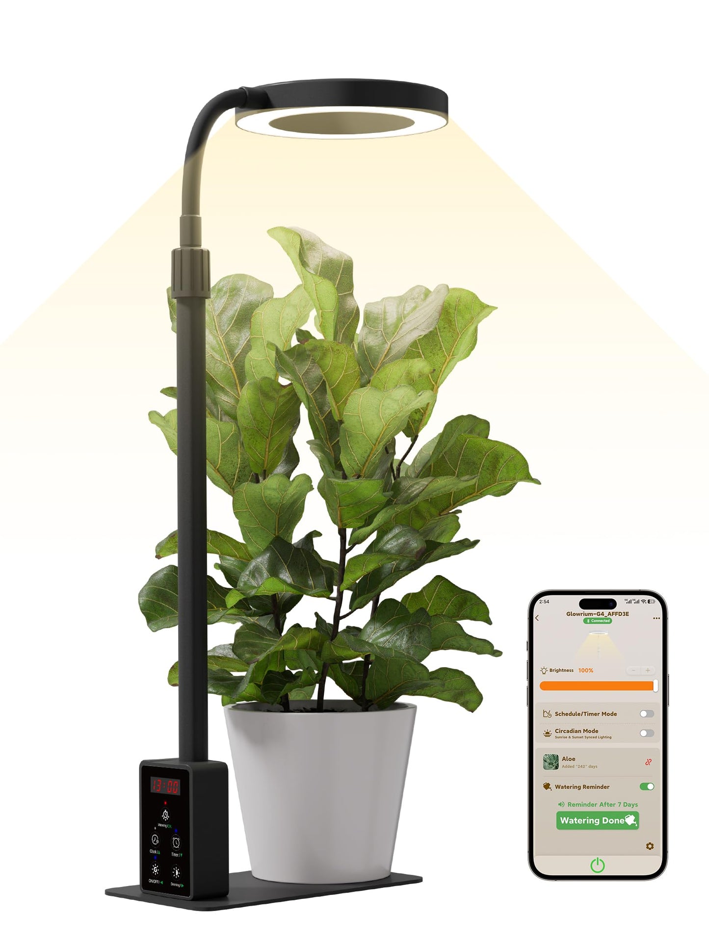 GLOWRIUM Smart LED Grow Lights for Indoor Plants G4, 12W Full Spectrum 3500K with Grow lamp, Bluetooth App Control, 10-Level Dimming, Gooseneck, Height Adjustable 16"-23", Auto Timer, (Black 12W)