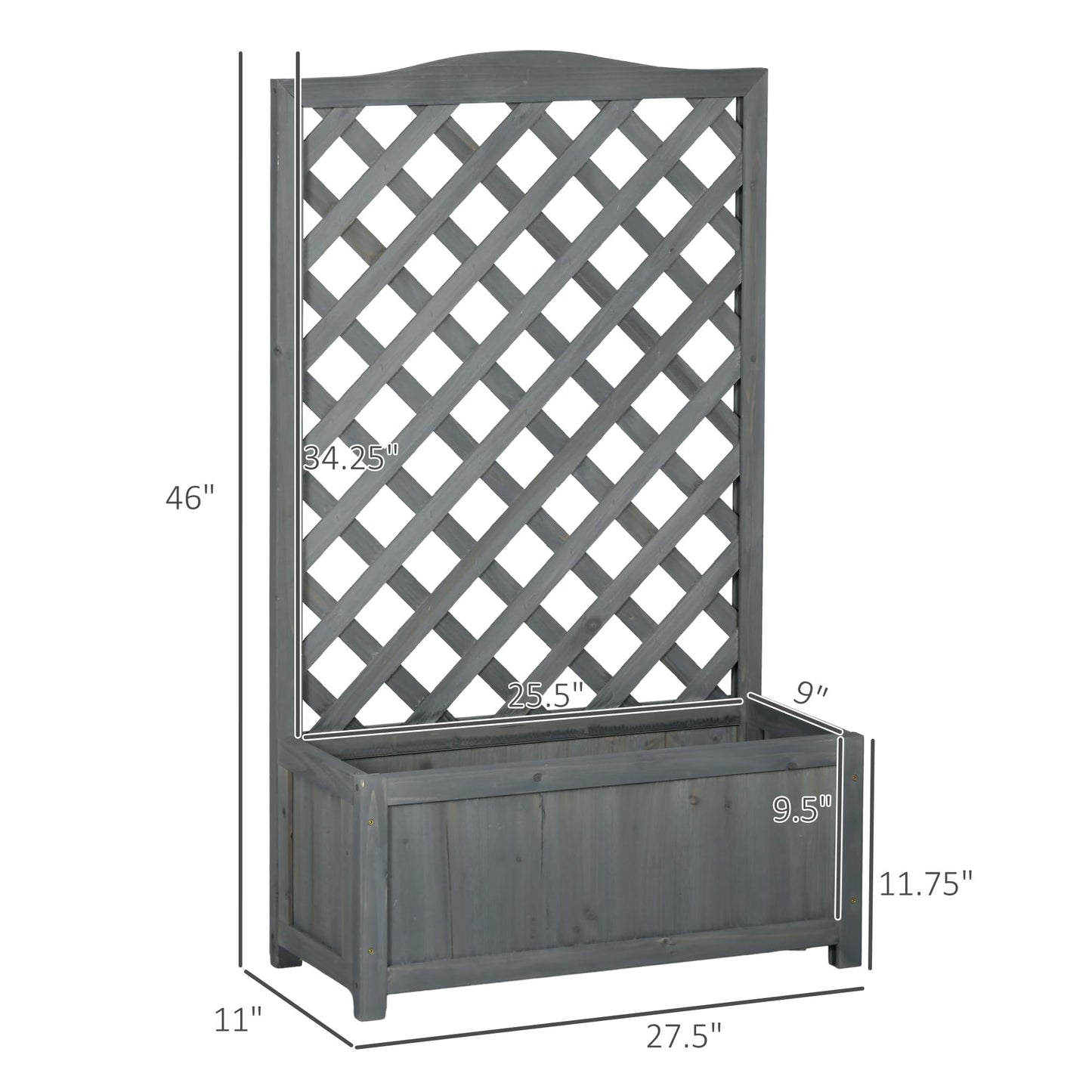 Outsunny Wooden Raised Garden Bed with Trellis, 46" Planter Box, to Grow Vegetables, Herbs, and Flowers for Backyard, Patio, Gray