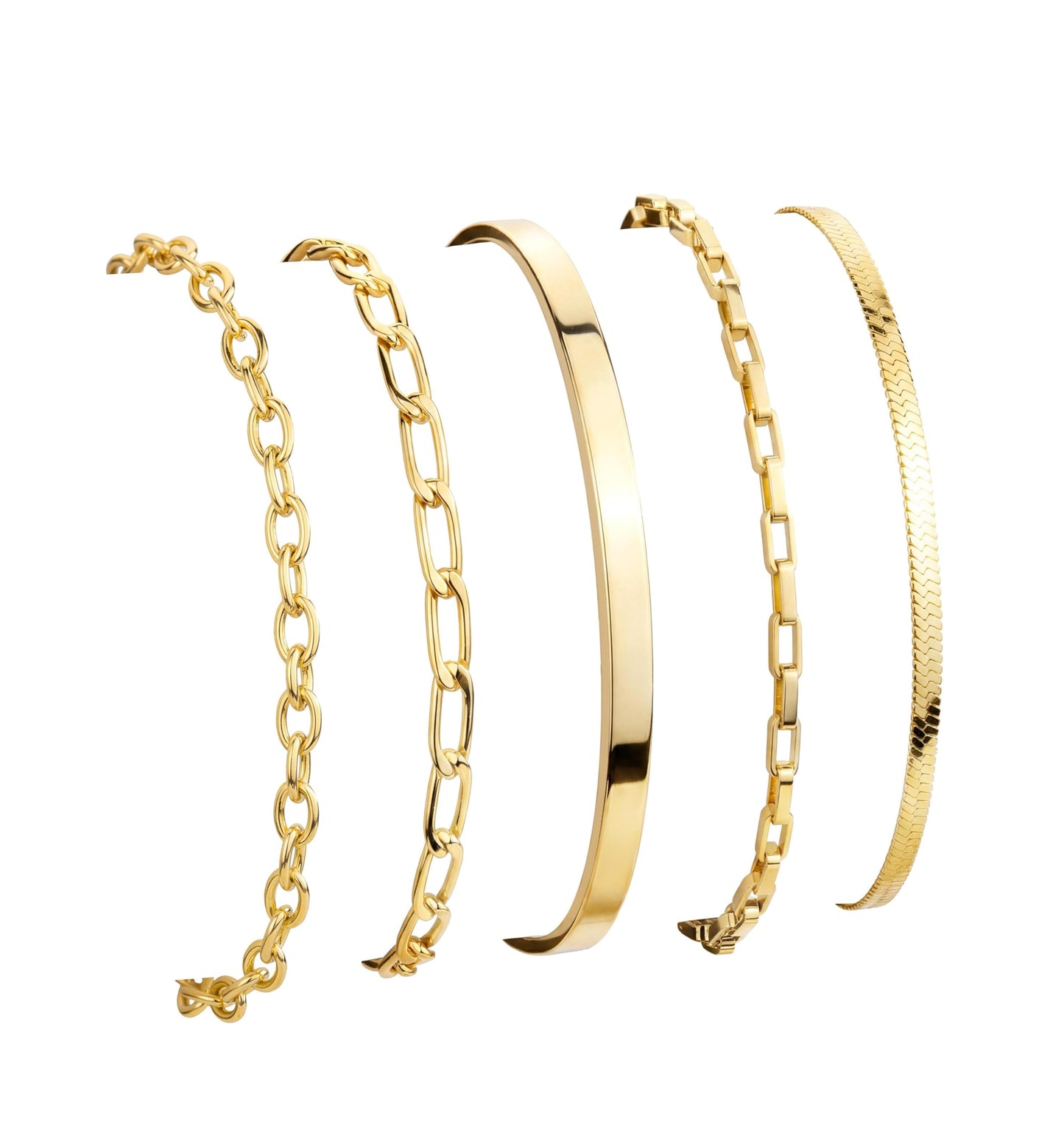 Gold Bracelets for Women Non Tarnish Bangle Cuff, Stackable Bracelet Set on Chunky Bangle Cuff, Box Link, Paperclip, Herringbone, Figaro Chain, Adjustable Waterproof Non Tarnish Jewelry Gifts for Women
