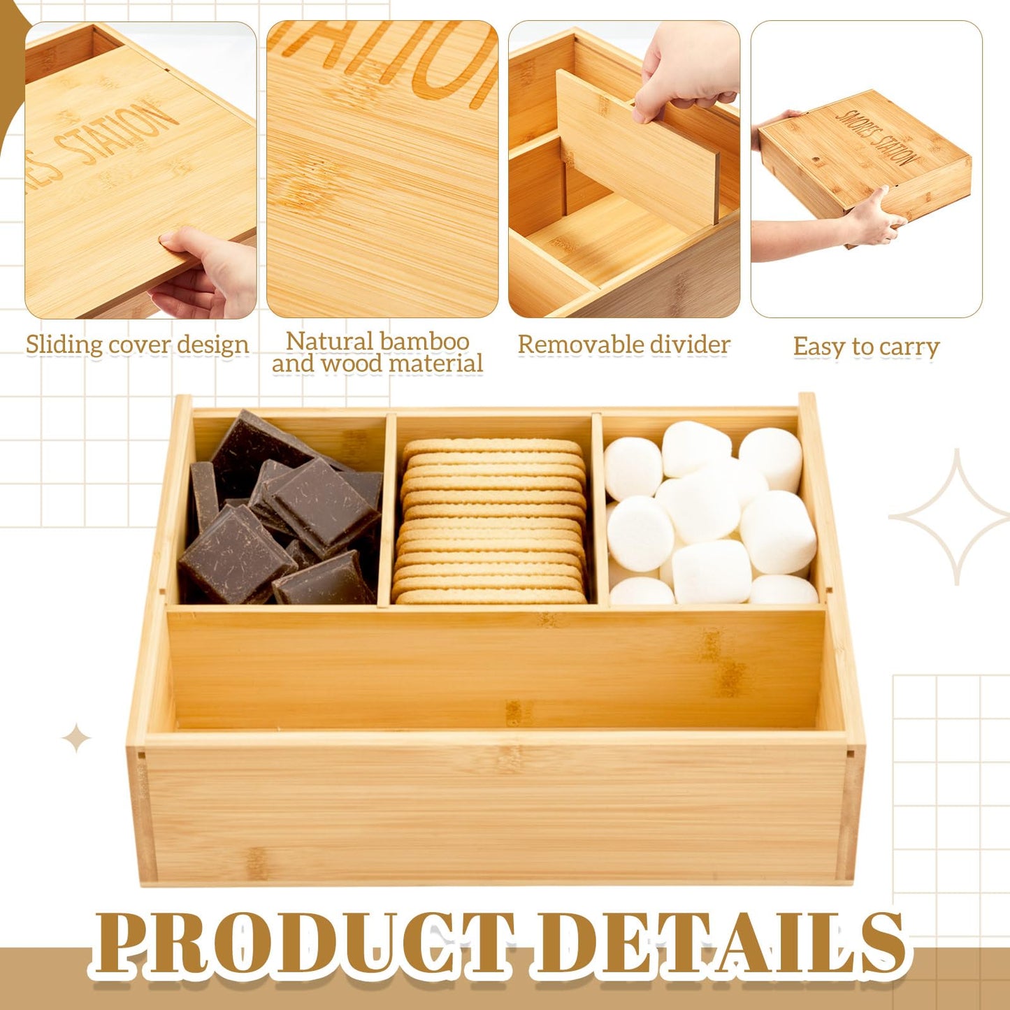 LemonRoad 13.4 x 11.2 x 3.5 Inch Smores Kits, Bamboo S'Mores Kit Box with Lid, 6 Extendable Roasting Sticks & Carry Bag, Portable Camping Cookware Set for Outdoor Picnic Backyard Party Family Fun