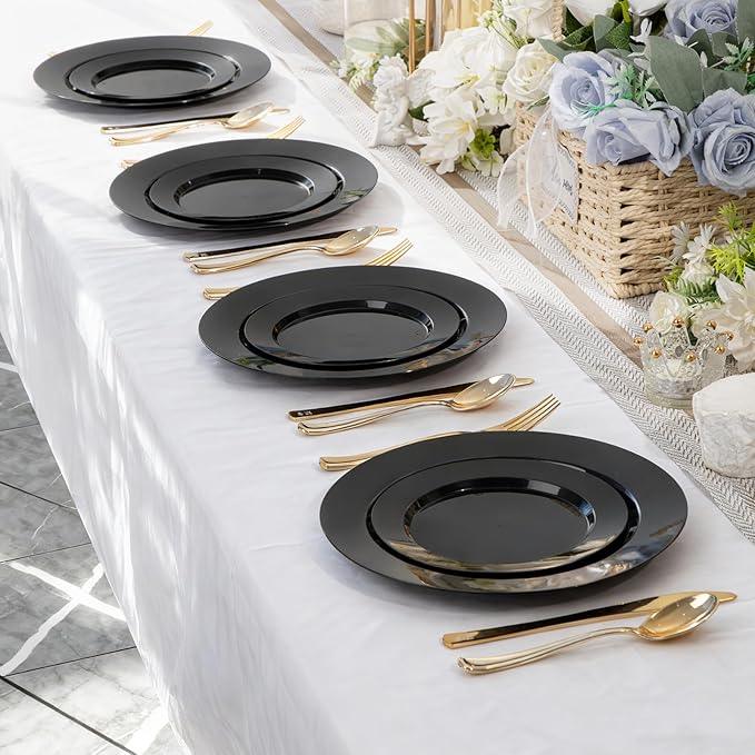 100Pcs Black Plastic Dessert Plates, Disposable Salad Plate, Premium Hard Fancy Small Plates, Heavy Duty Plastic Cakes Plates for Party, Wedding and Birthday