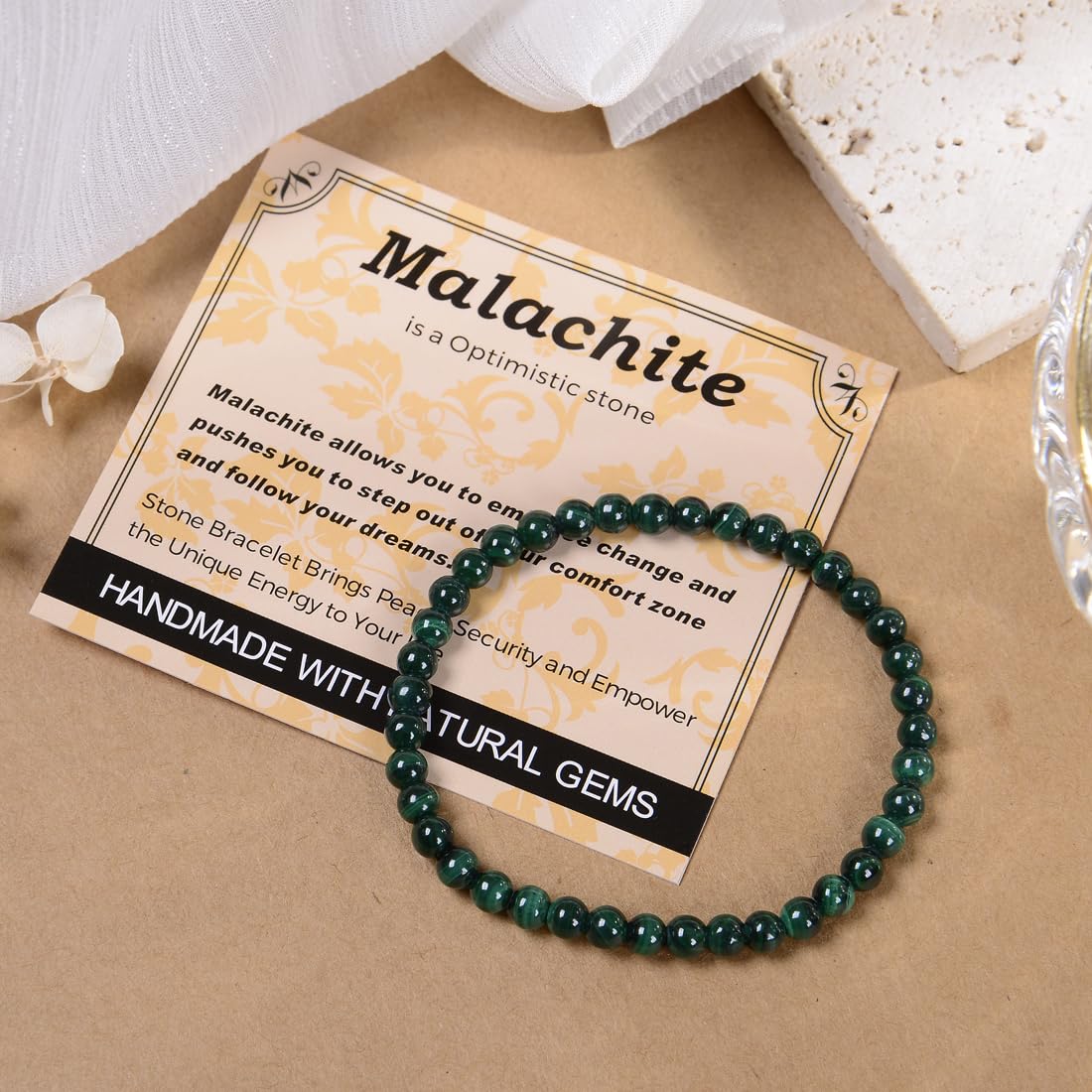 MASSIVE BEADS Malachite - Optimistic - Handmade Handmade Yoga Stretch Elastic Bracelet Natural Stone Crystal Healing Power Energy Gifts for Unisex Adult 4mm