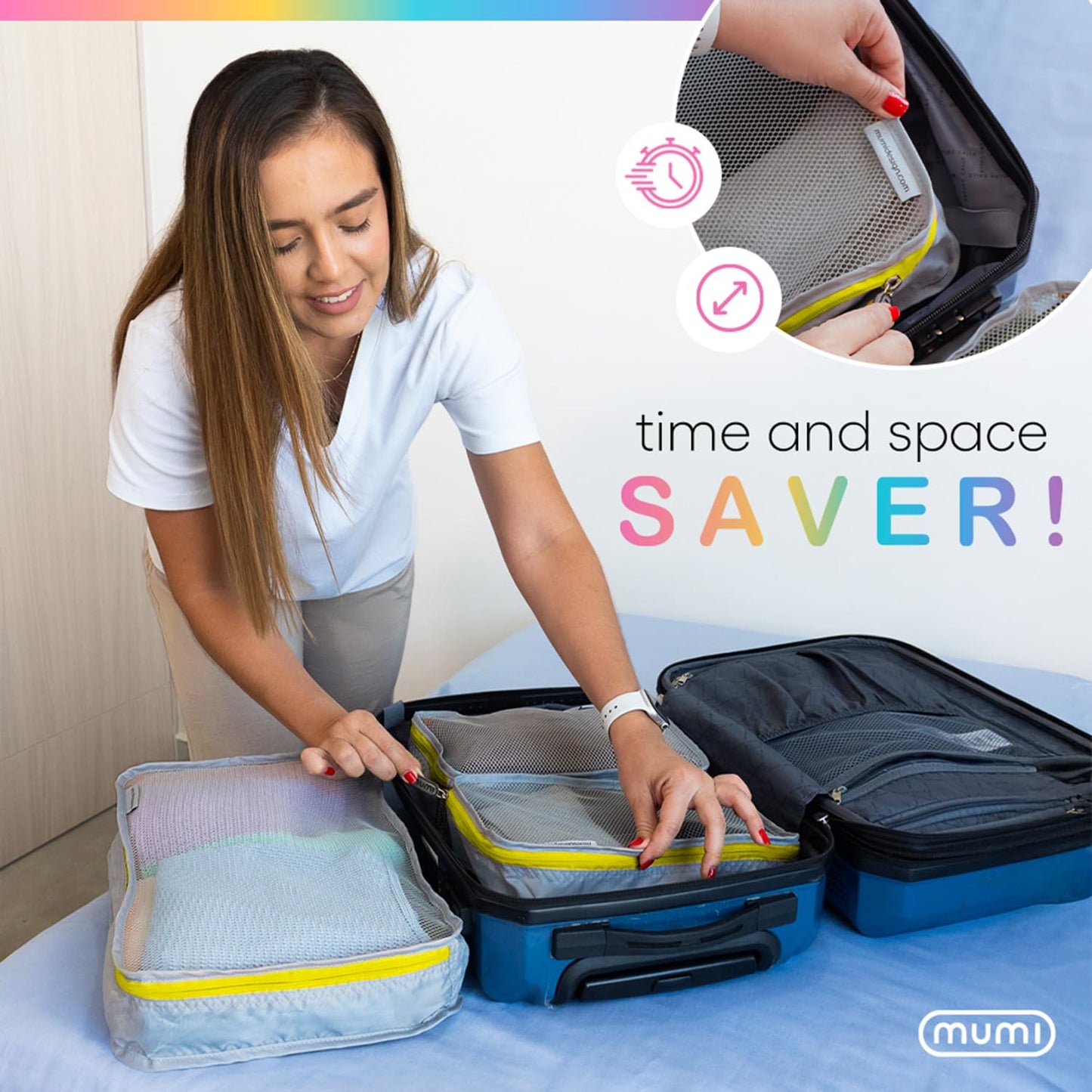 MUMI Packing Cubes - 5 Compression Packing Cubes for Travel, Luggage Organizer Bags for Suitcases, Carry-On, Duffle or Backpack – Mesh, Waterproof Bags for Clothes, Kids & Travel Accessories - Orange