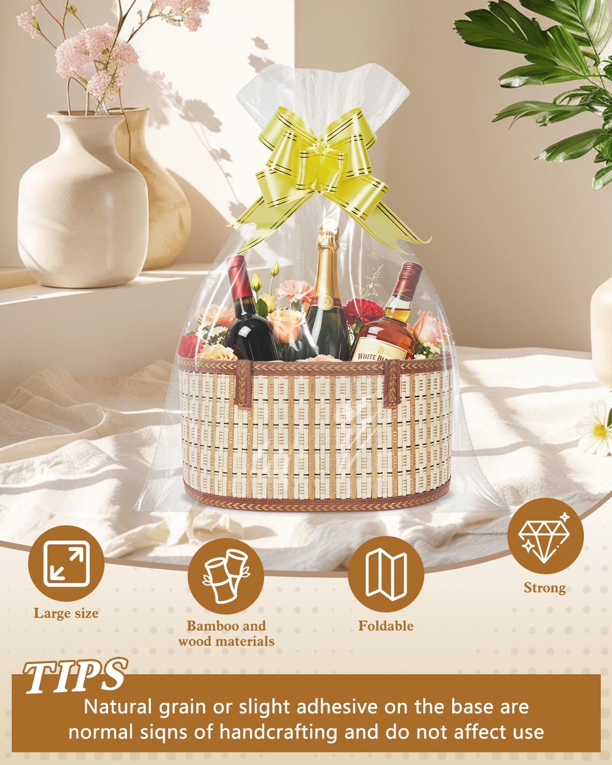 2 Set Baskets for Gifts Empty, Woven Bamboo Gift Basket Kit with Handles, Foldable Empty Gift Baskets to Fill with Wrap Bags, Pull Bows, Cards & Raffia for Baby Baptisms, Father's Day, Housewarming