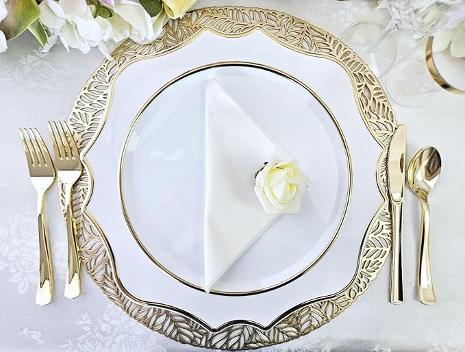 OCCASIONS 40 Piece Heavy Duty Disposable Plastic Charger Plates 13.25" for Party, Wedding, Elegant Dinner, BPA-Free, Premium Tableware – Scalloped Imperial White & Gold