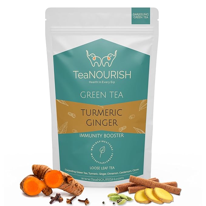 TeaNOURISH Turmeric Ginger Green | Darjeeling Loose Leaf Tea | Blended with Indian Turmeric, Ginger & Cinnamon | 100% NATURAL INGREDIENTS | Brew Hot or Iced Tea - 3.53oz/100g