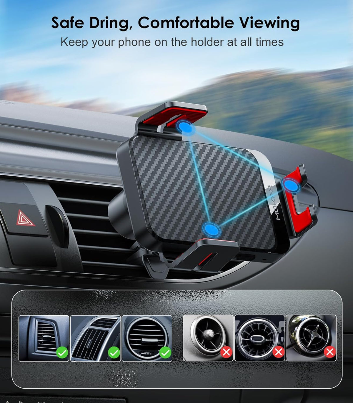 Wireless Car Charger, MOKPR 15W Fast Charging Auto-Clamping Phone Mount Air Vent Cell Phone Holder Compatible with iPhone 16 15/14/13/13 Pro/12 pro/12, for Samsung Galaxy S23/S22/S21/S20, Red