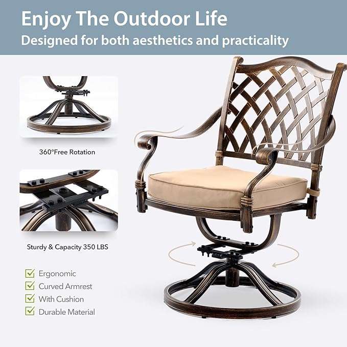 7-Piece Cast Aluminum Patio Furniture, Patio Dining Set for 6 Include 59" Rectangular Outdoor Dining Table, 4 Stackable Chairs & 2 Swivel Chairs with Cushions & Umbrella Hole(Bronze)