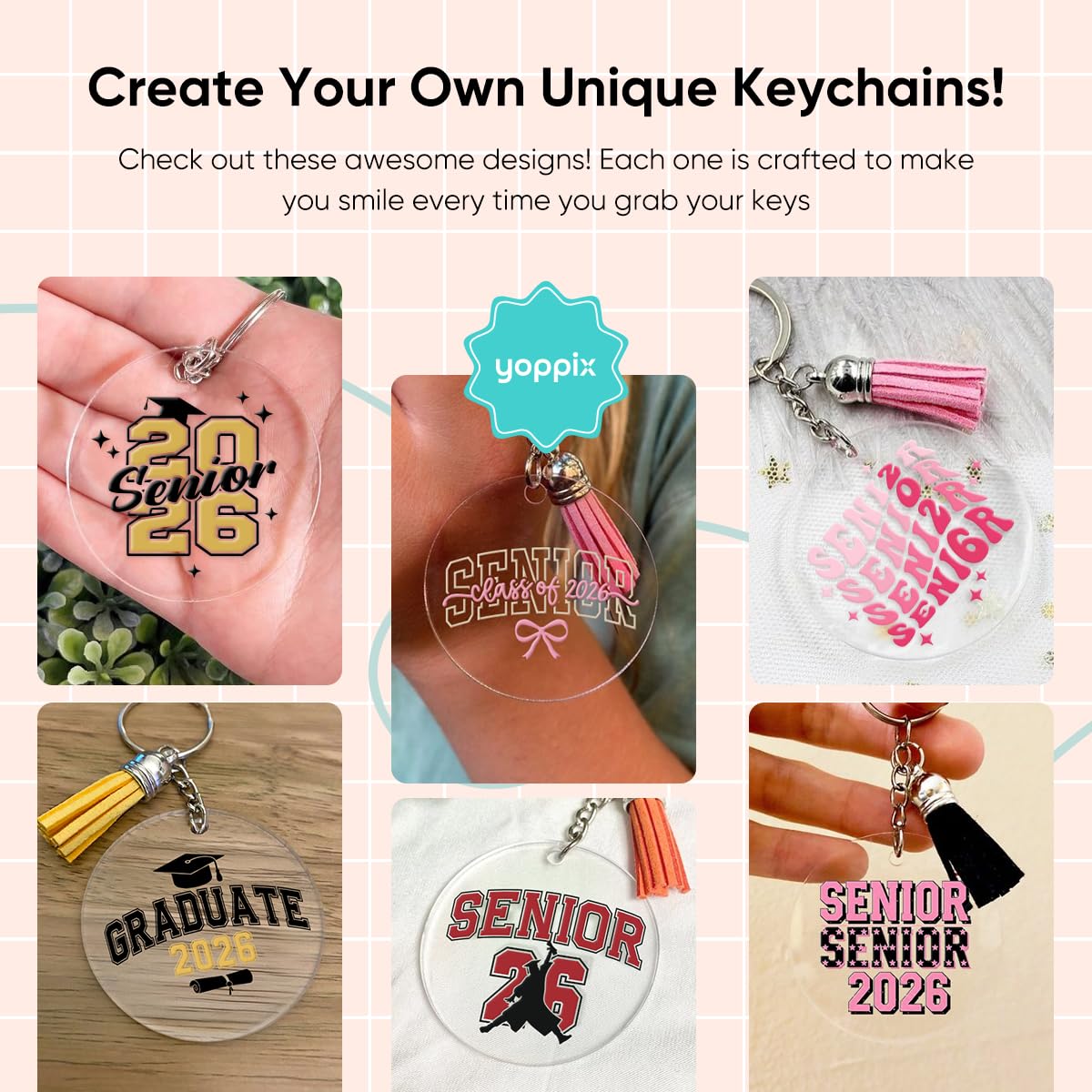 YOPPIX 140 PCS Acrylic Keychain Blank Set, 2026 Graduation Season Double-Sided UV DTF Stickers Acrylic Keychain Making Kits for Vinyl DIY Craft Project