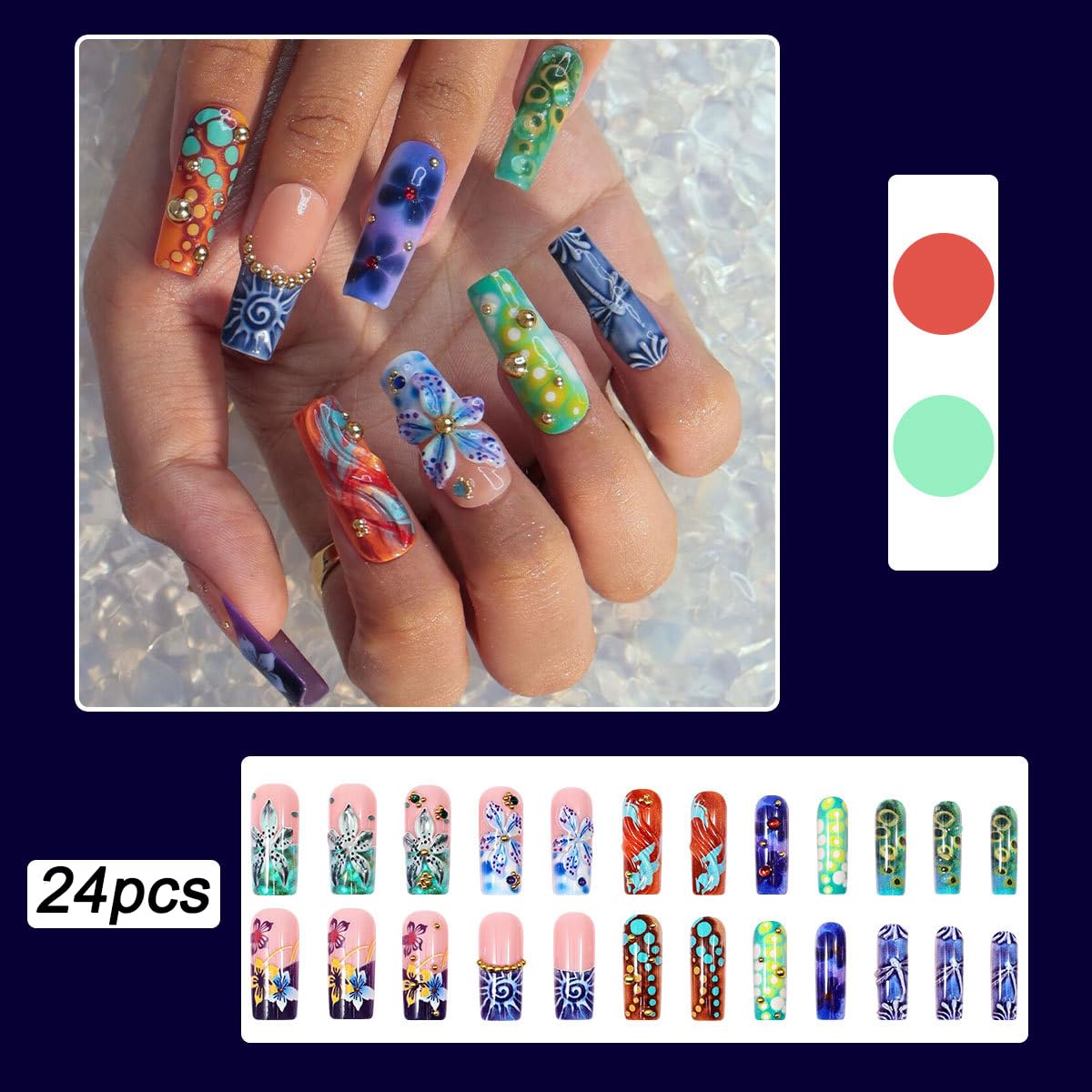plalely Long Square Press on Nails,Handmade Acrylic Press on Nails with Designs，Long Press on Nail for Women 24pcs