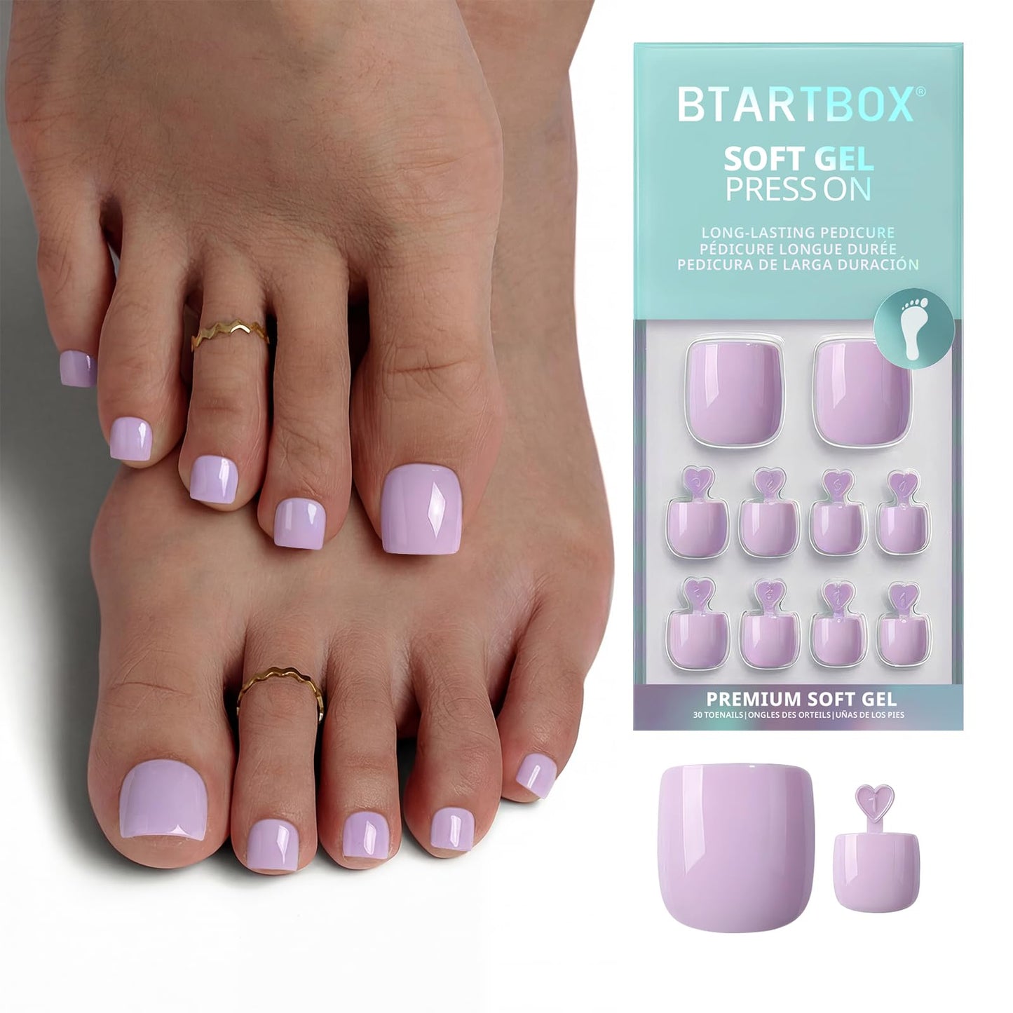 BTArtbox Press On Toenails - First Step, Easy-to-Apply Pastel Light Purple Short Square Toe Nail Press Ons with Glue and Adhesive Tabs in 15 Sizes - 30 Toenails All-in-One Kit