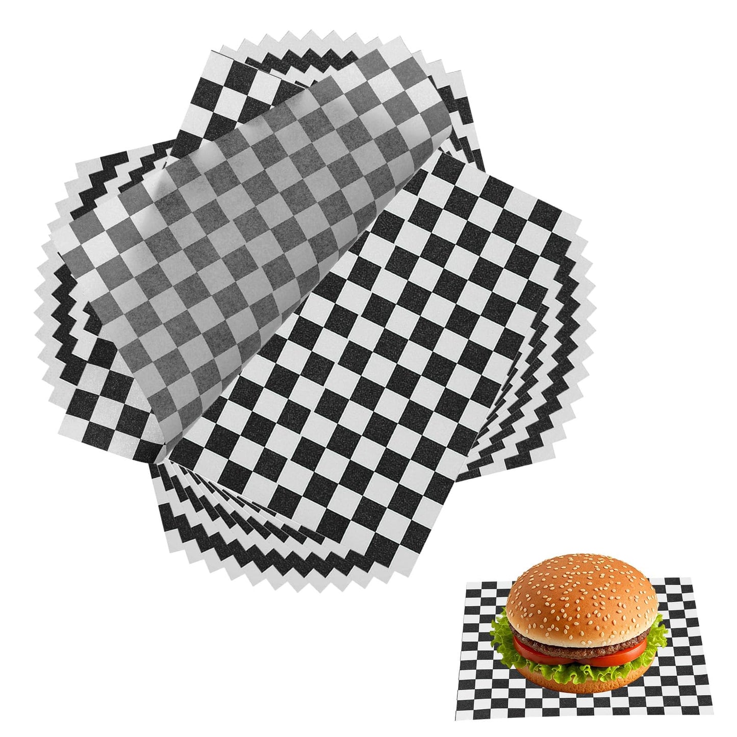 uxcell 150 Pcs Wax Paper Sheets for Food, 7 x 7 Inch Greaseproof Wrapping Paper Sheets, Checkered Square Food Basket Liners for Sandwich Hamburger Bread, Black