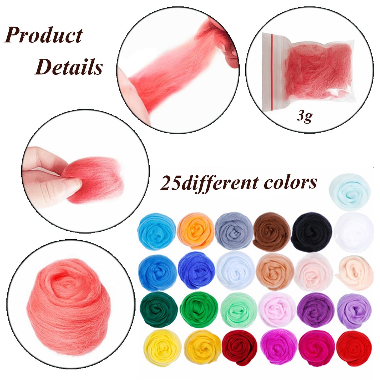 Funyn 25 Colors Wool Roving Needle Felting Set Needle Felting Kit Starter Kit Wool Felt Tools for Beginners DIY Craft (25Colors)