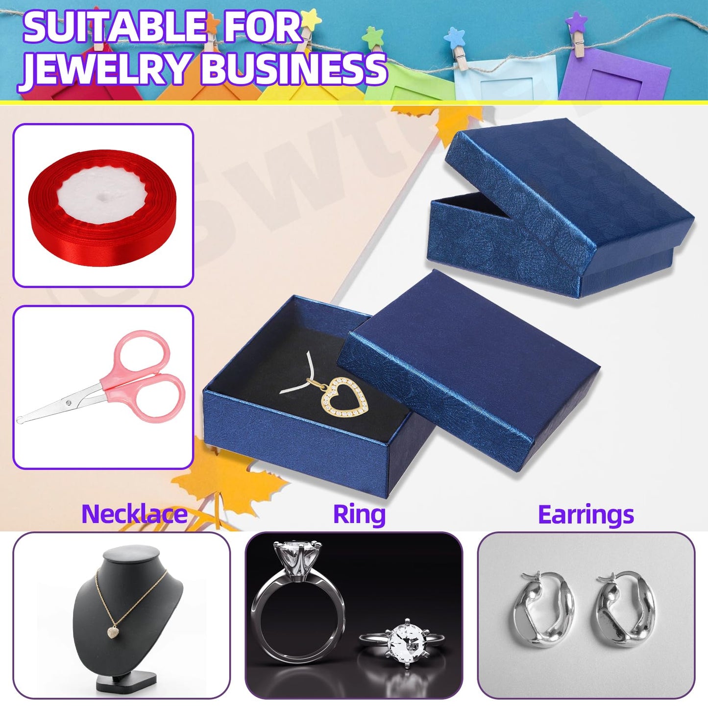 Swpeet 12Pcs Royal Blue 3.5×3.5×1 Inch Cardboard Jewelry Gift Boxes with Scissors and Polyester Ribbon, Necklace Earring Bracelet Boxes Gift Case Ideal for Jewelry Storage Packaging Display