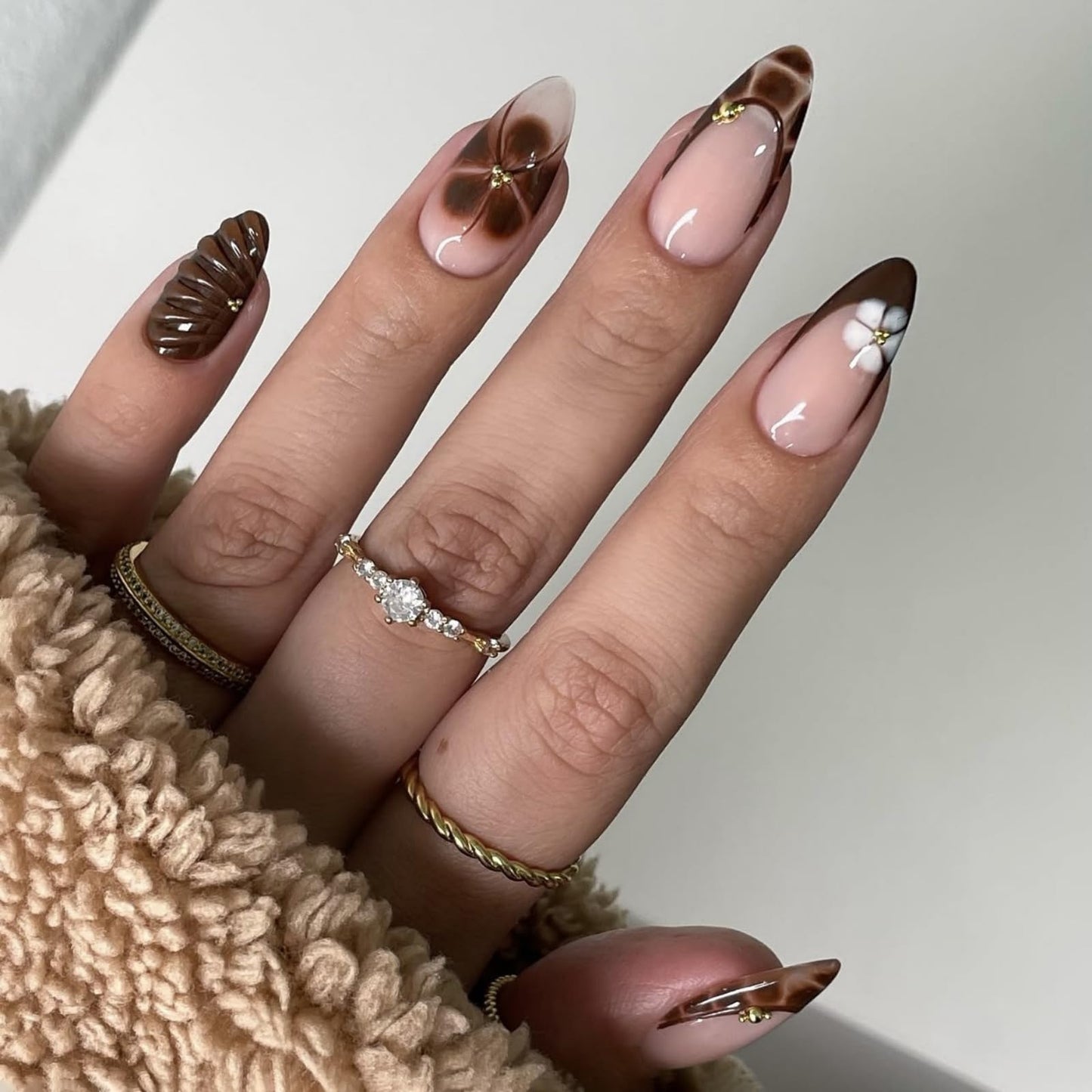 Octoswave Medium Press on Nails Almond Fake Nails French Tip Artificial Nail Rhinestones Charm Stick on Nail for Women 24pcs