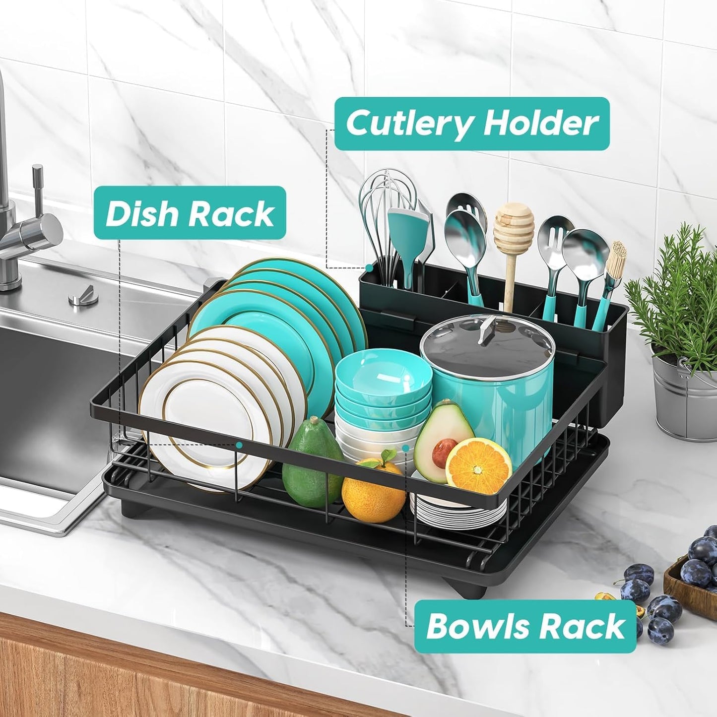 MERRYBOX Dish Drying Rack Space-Saving Dish Racks for Kitchen Counter, Rustproof Drying Rack Kitchen with Large Utensil Holder and Increased Feet, 16.5" D x 11.4" W x 5.65" H, Black