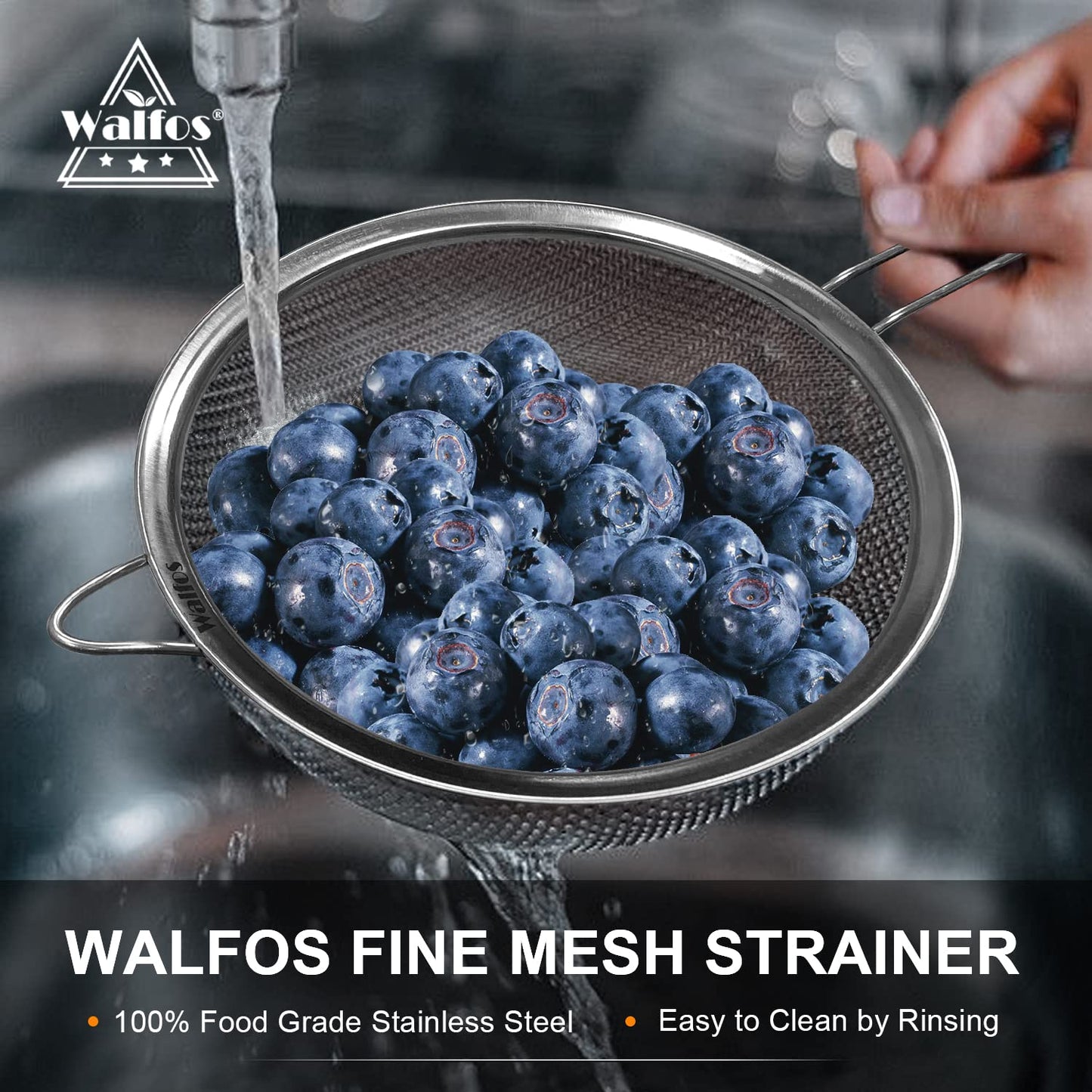 Walfos Fine Mesh Strainers Set, Premium Stainless Steel Colanders and Sifters, with Reinforced Frame Sturdy Handle, Perfect for Sift, Strain, Drain Rinse Vegetables, Pastas Tea - 3 Sizes