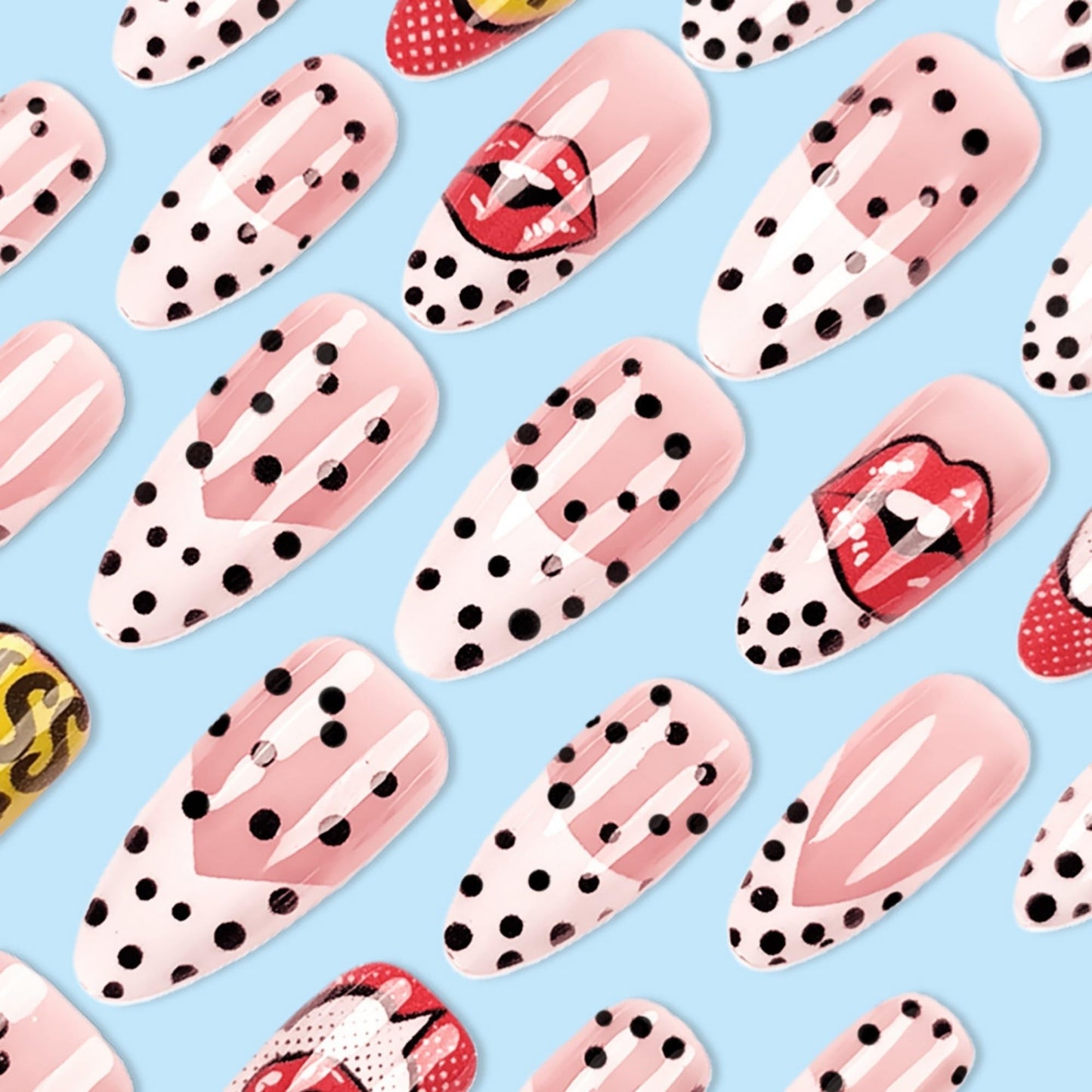 octoswave Long Almond Press on Nails with Romantic Red Lips and Polka Dots Design, Glossy Acrylic Fake Nails for Women Party and Date Night Styling, 24Pcs