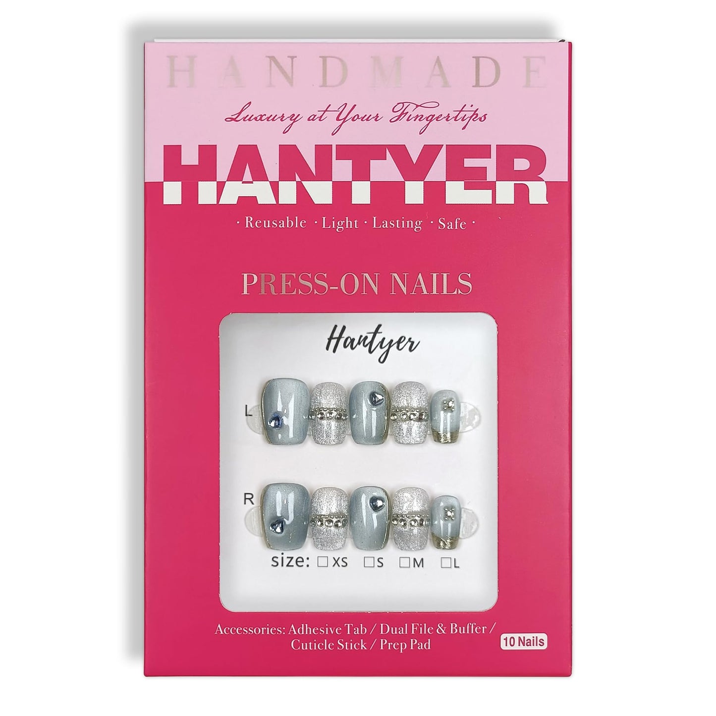 Hantyer Squoval Press On Nails, Handmade Soft Gel Blue And Silver Fake Nails with Silver Bead Accents, Shimmering Glitter Design Full Cover Reusable False Nails 10PCS Kit (Size S)
