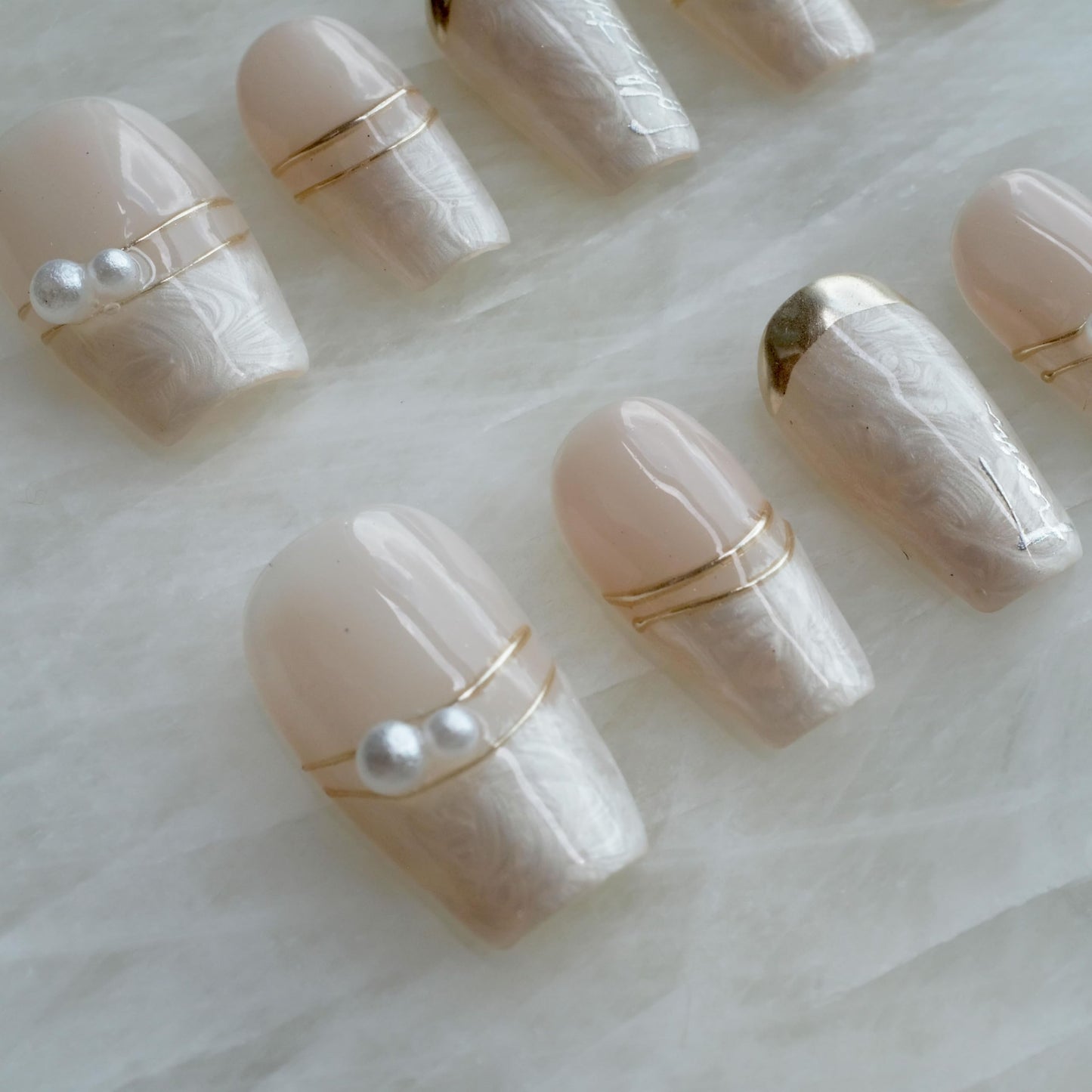 [GLORS] Purly Handmade Medium Ballerina Press on Nails | Luxurious Gold Pearl Fake False Nails, 10 Pieces (Small, MB)
