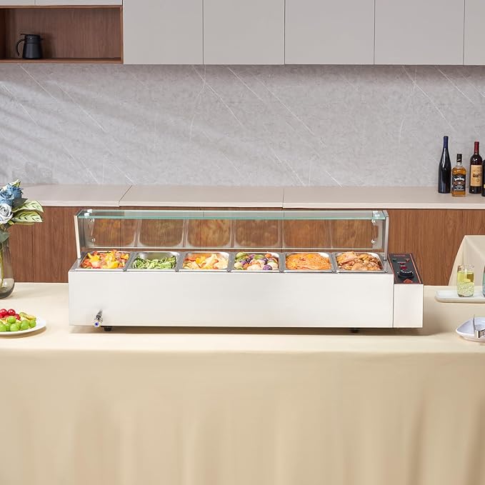 VEVOR 6-Pan Commercial Food Warmer, 6 x 8QT Electric Steam Table with Glass Cover, 1500W Countertop Stainless Steel Buffet Bain Marie 86-185°F Temp Control for Catering, Restaurants, Silver