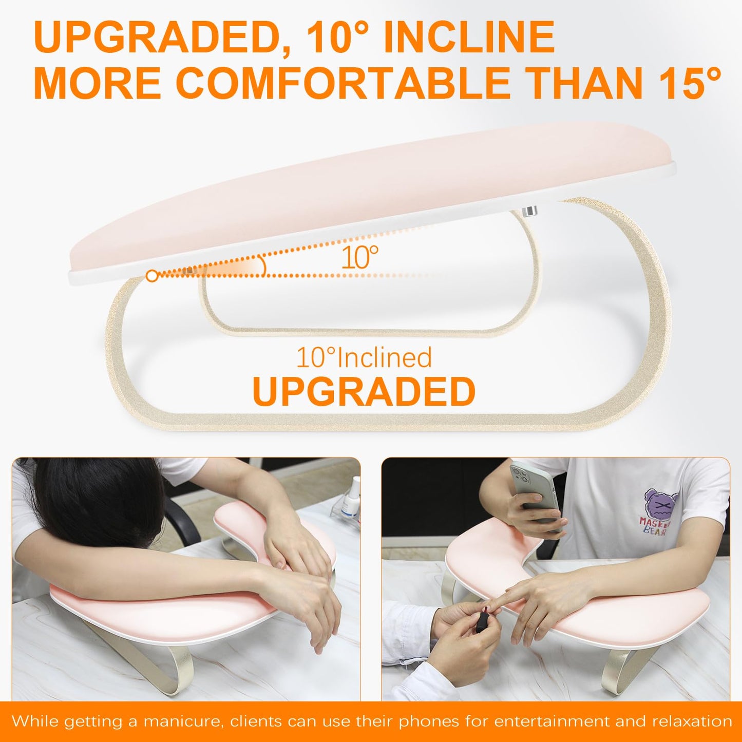 Arm Rest for Nails Tech Upgraded 10° Inclined, U-Shaped Manicure Nail Arm Rest Stand, Pink Nail Armrest for Nail Tech Hand Rests with Gold Aluminum Alloy Holder Non-Slip