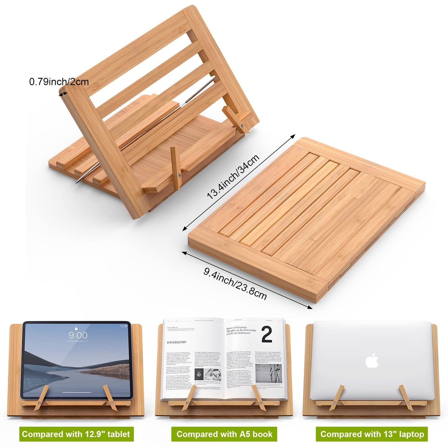 Wooden Desktop Book Stands, Adjustable Book Stand for Reading, Pezin & Hulin Cook Book Holder Seat, Bamboo Foldable Riser for Tablet, Recipe, Laptop with Page Clips