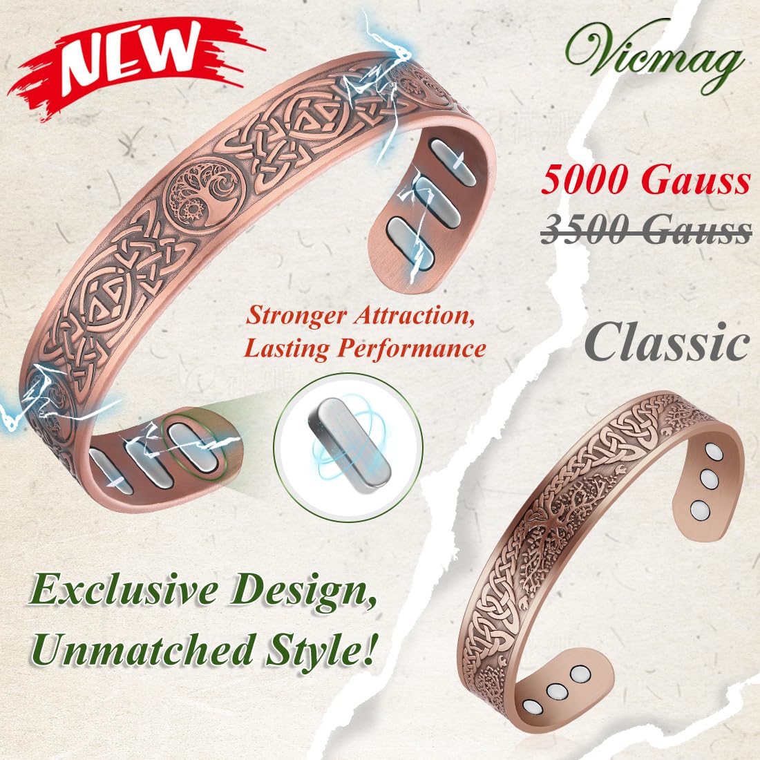 Vicmag Copper Bracelet for Men 9X Strength Magnetic 99% Pure Copper with 5000 Gauss Magnets, Tree of Life Present Box Adjustable(Celtic & Sun Moon Tree)