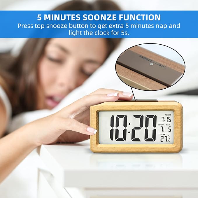 everwood Wooden Digital Battery Operated Alarm Clocks for Bedrooms