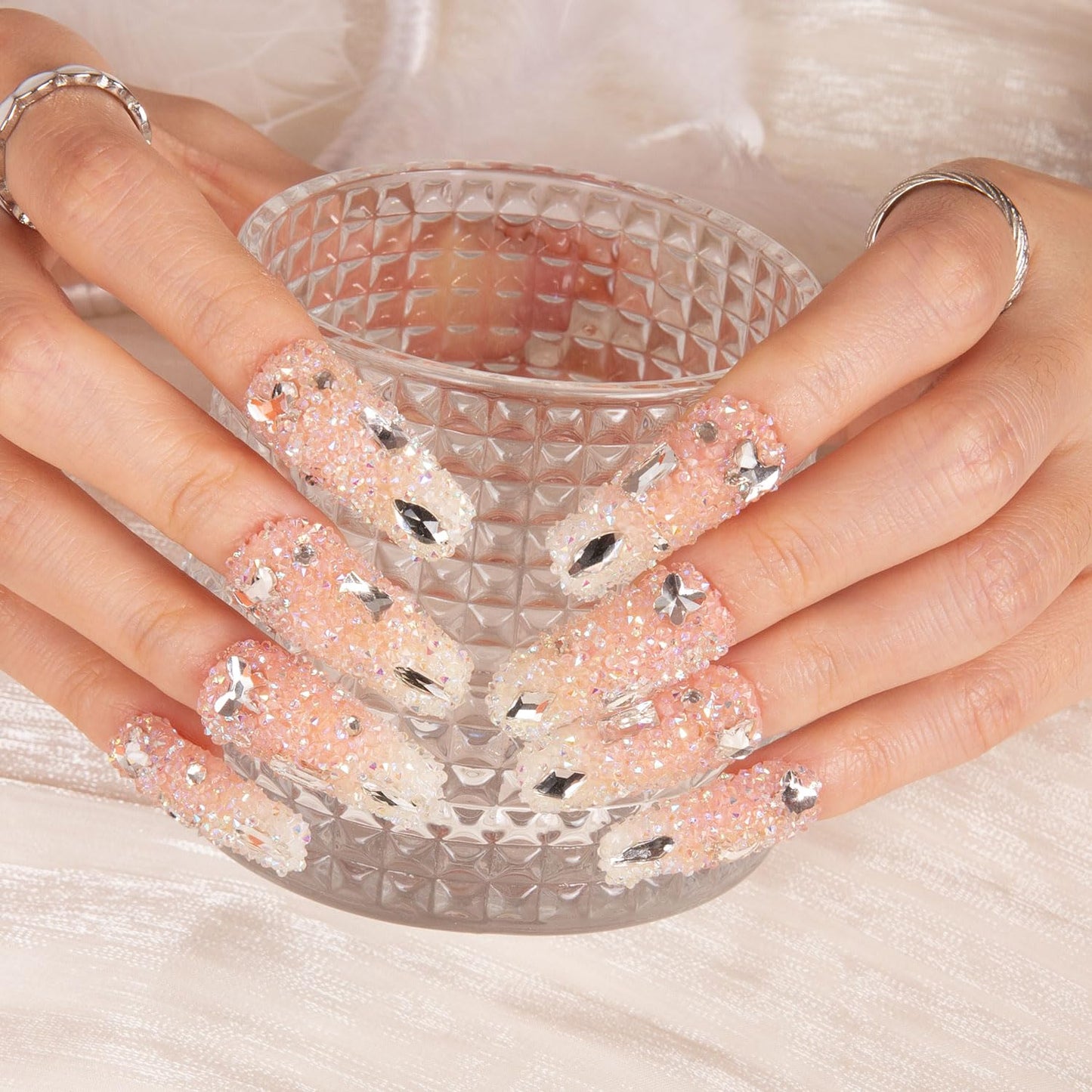 LOVFUL Press on Nails Berry Shake | Handmade with Full Covered Crystals | Reusable Full Cover Nails | Coffin Classic Regular 1.3 in | H56-L