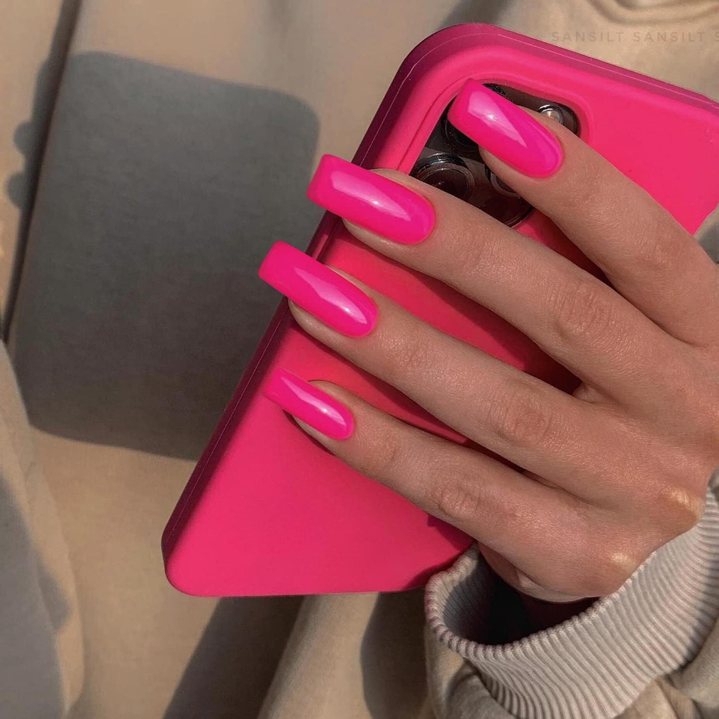 KQueenest Hot Pink Press on Nails Long Medium Square, Neon Pink Fake Nails Medium Coffin, Glossy Sheer Acrylic Nails Press ons, Reusable Vibrant Soft Gel Glue on Nails for Women Summer, Fushia
