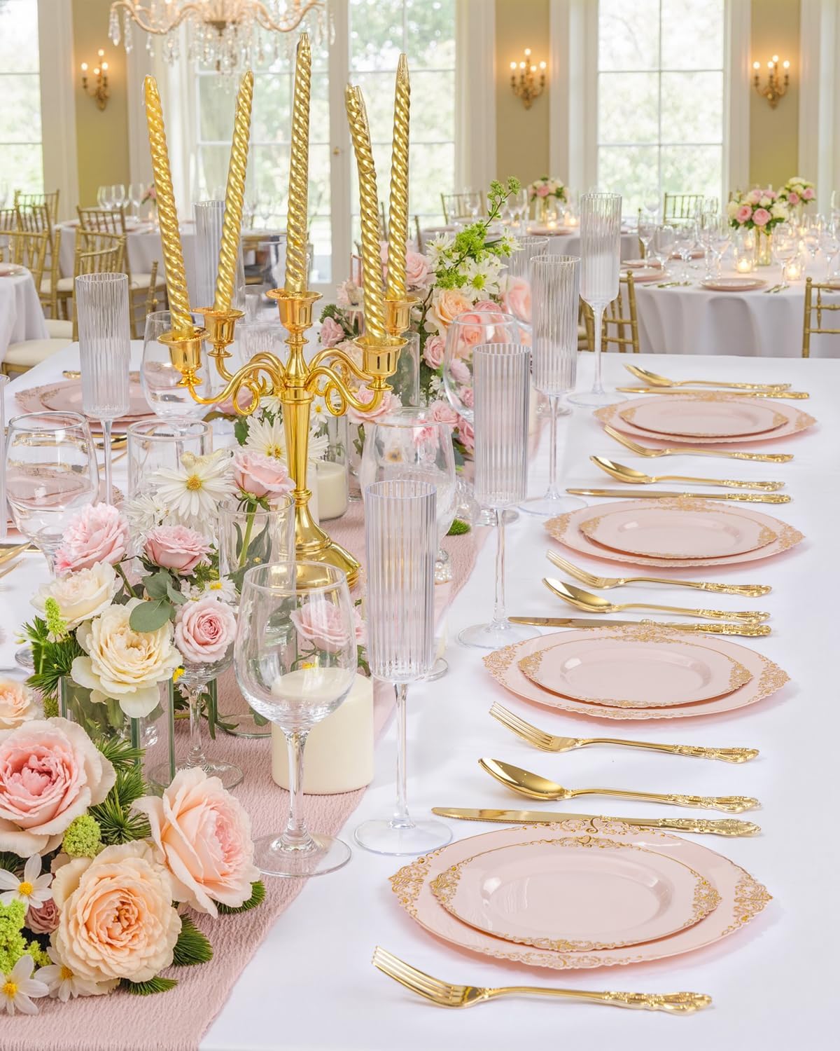 200PCS Pink and Gold Plates - Pink Plastic Plates - Fancy Disposable Plate with Gold Rim - Vintage Wedding Dinner & Dessert Plate for 100 Guests for Wedding & Party & Bridal Shower