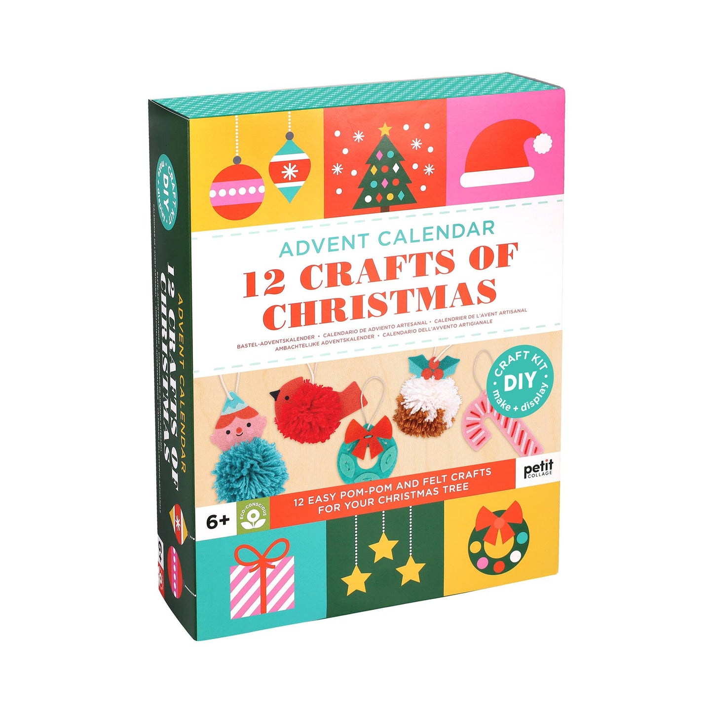 Petit Collage: 12 Crafts of Christmas Advent Calendar - Eco-Friendly Advent Craft Kit for Kids 6+ – Includes Felt Shapes, Pom‑Pom Maker, Yarn & Needle – Reusable Drawer Calendar with Daily Projects